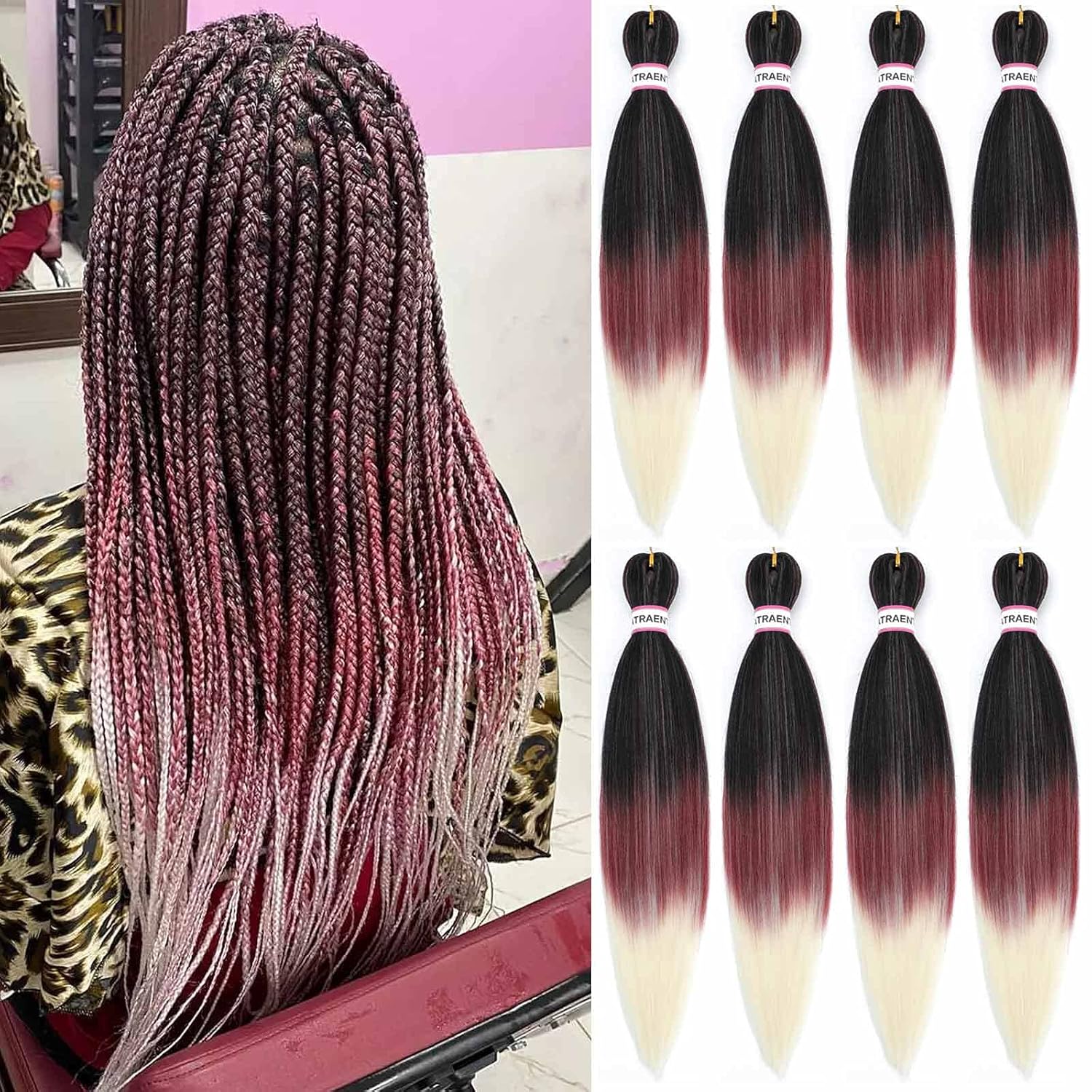 Pre Stretched Braiding Hair 8 Packs - 20 Inch Ombre Braiding Hair,Three Tone Yaki Texture Prestretched Crochet Braids Hair, Synthetic Hair Extension Itch Free Hot Water Setting (20 Inch, 1B/red/613)