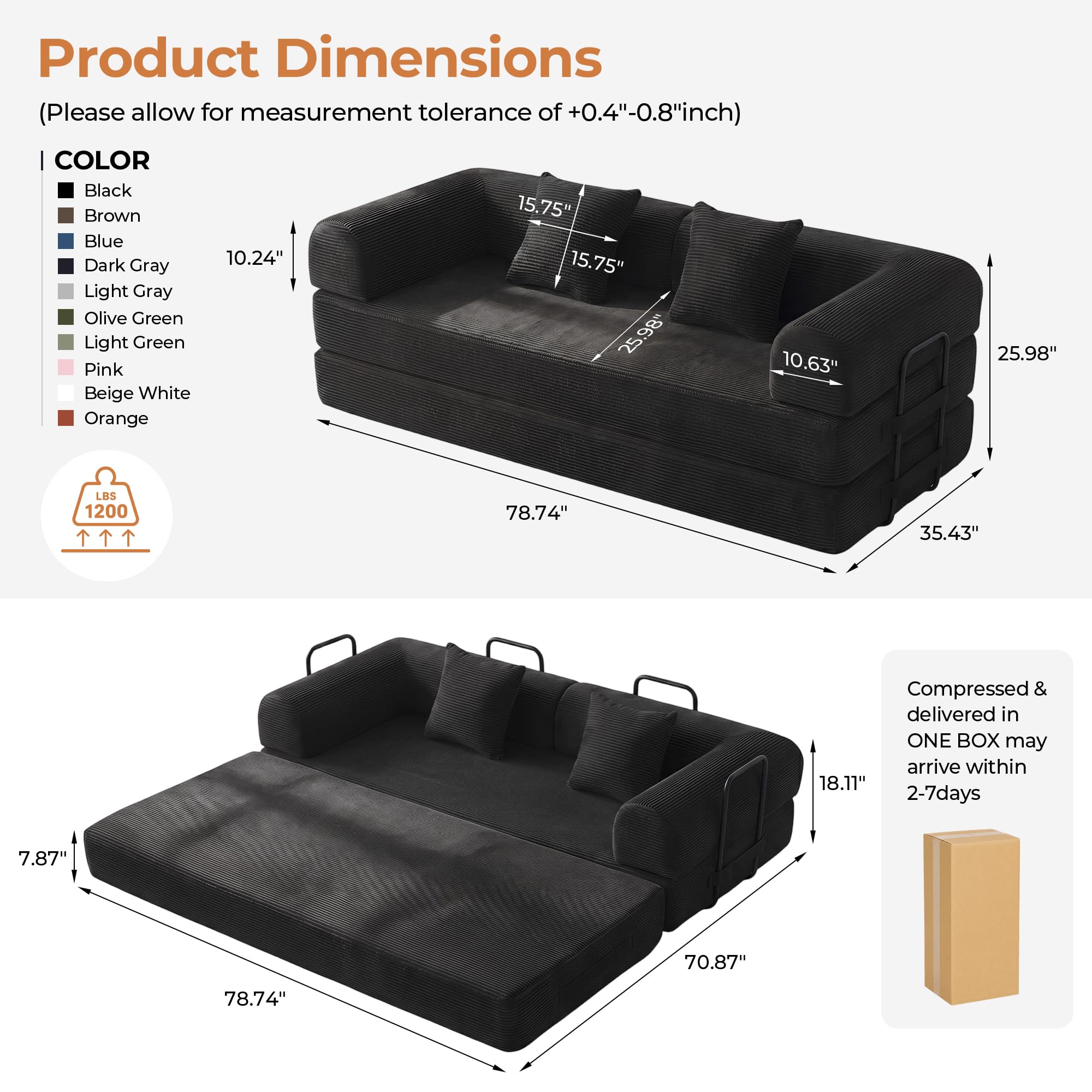 79" Convertible Futon Sofa Bed, Boneless Couch for Living Room | Corduroy Boneless Loveseat Sleeper Sofa, Modular Futon Couch with Fixed-Shape Frame, Pull Out Couch No Assembly | Black