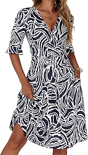 Midi Wrap V Neck A line 1/2 Short Flare Sleeve Dress with Pocket for Women Pear & Apple Shape Friendly - Buy now