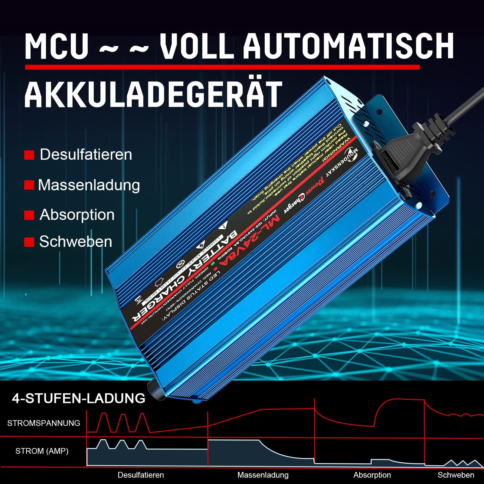 Caricabatterie automatico intelligente da 24 V, 8 Amp, con connettore XLR per scooter, sedia a rotelle, auto, moto, con interruttore