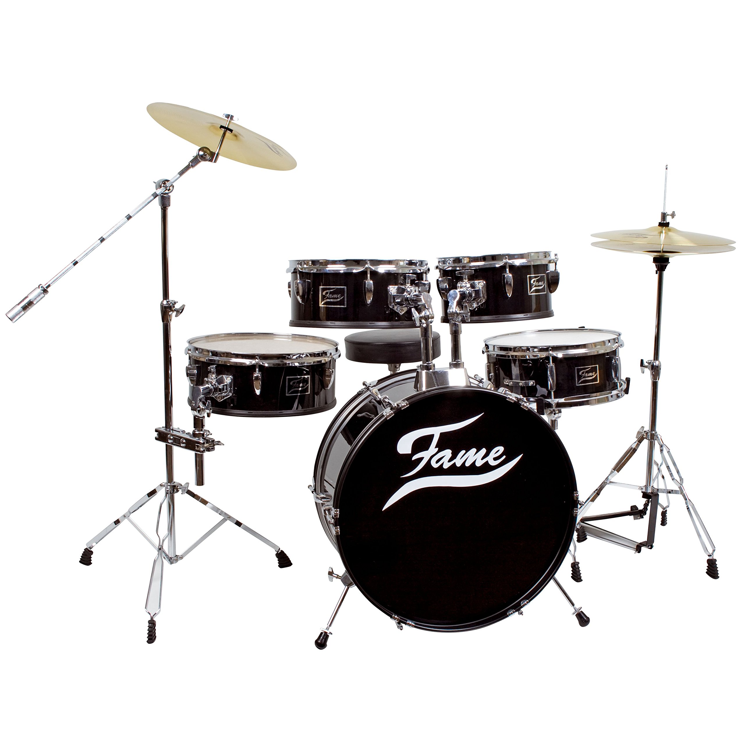 Fame Schlagzeug Practice Set, Inklusive Cymbals und Hocker, Kompaktes Drum-Set mit 20 Zoll BassDrum, Mischholz Kessel, Hochglanz Schwarz, Inklusive Hardware und Aufbauanleitung, Ideal für Zuhause und
