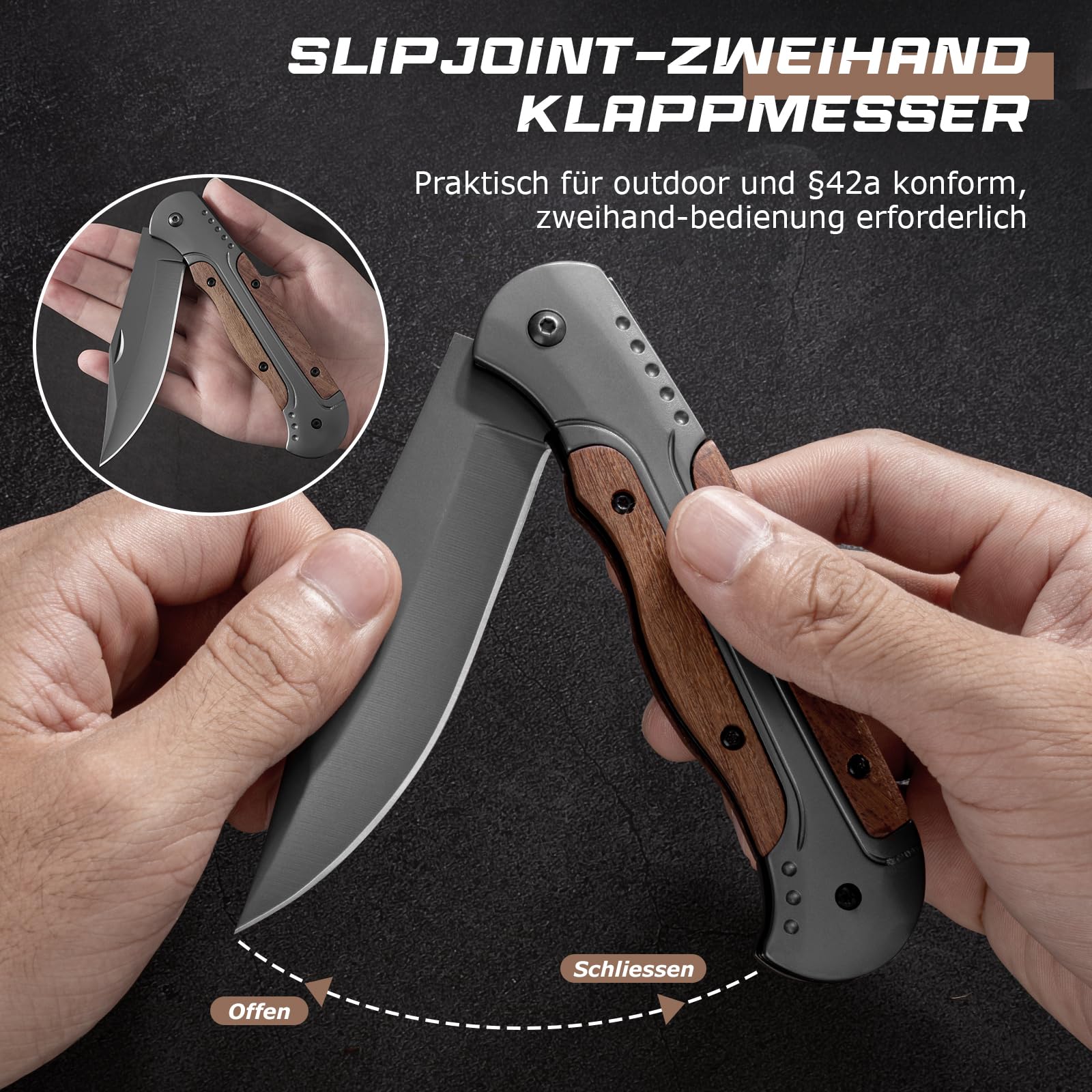 DRACHENADER Zweihand Klappmesser A-11, Zweihandmesser 42a Konform, Zweihandmesser aus 420C-Stahl, EDC Taschenmesser mit Clip und Nylon-Tasche, Holz und Aluminiumgriff