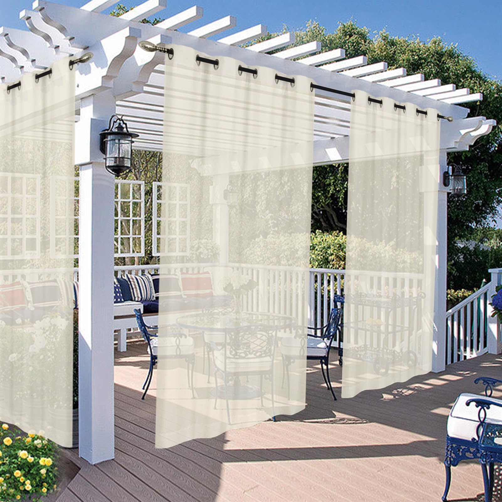 Outdoor Vorhang Wasserdicht Transparent Gardinen mit Ösen Leinenoptik Outdoorvorhänge für Gartenlaube Balkon Terrasse Pavillon 2 Stück, Beige, 132x213cm