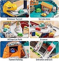 Vista 6 de Juego de Pista de Carreras de Dinosaurios para Niños de 3-5 Años, Juego de Pista de Coches con Colinas de Escalada de Dinosaurios con 10 Mini Autos