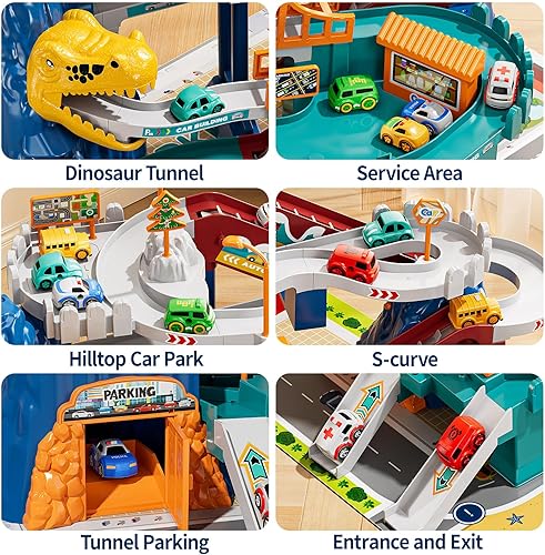 Miniatura 6 de Juego de pista de carreras de dinosaurios para niños de 3 a 5 años, juego de pista de coche de escalada de dinosaurios con 10 mini autos de carrera,