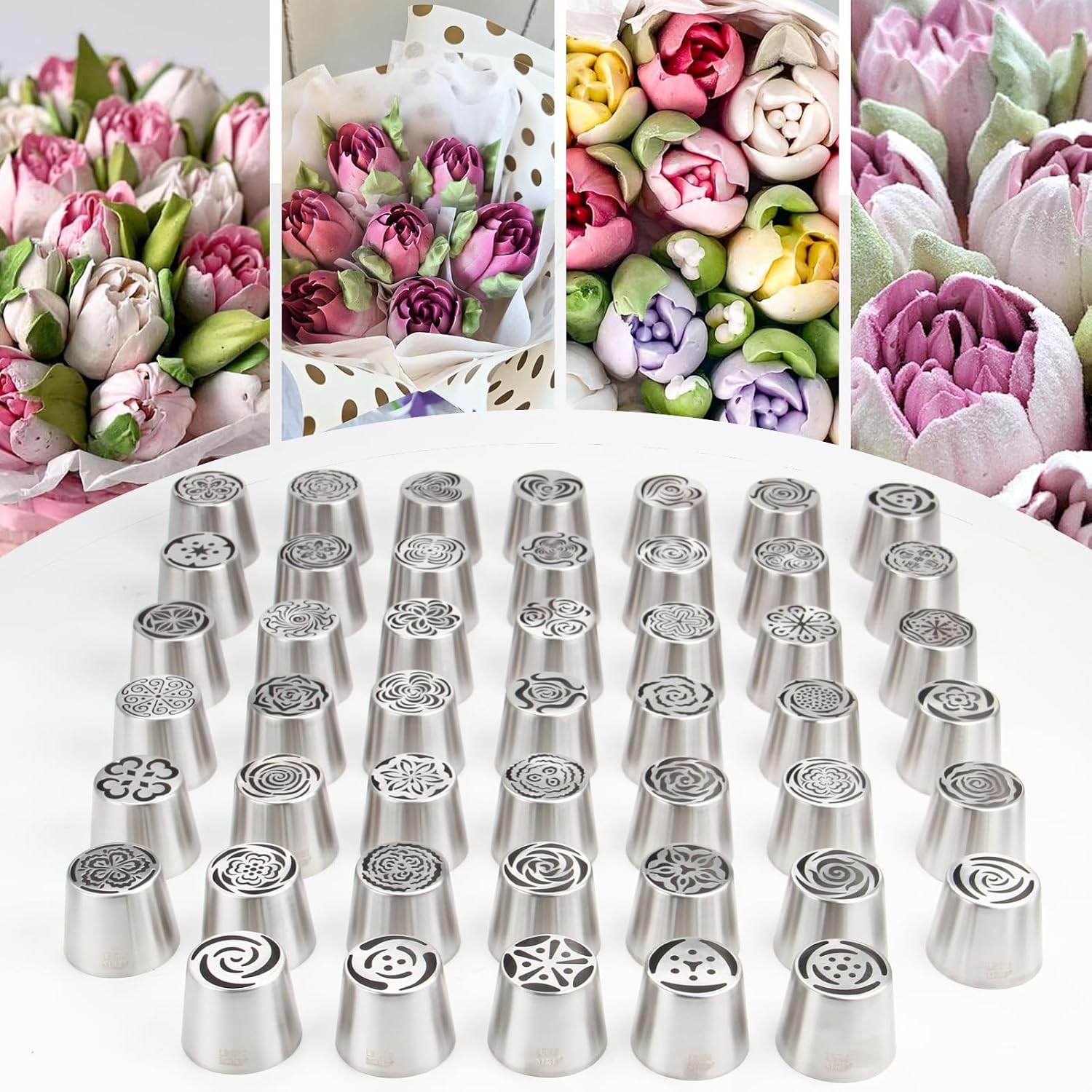 58Pack Extra Large Russian Piping Tip Set Stainless Steel Marshmallow Buttercream Framing Nozzles for Tulip Cake Decorations Marshmallow Bouquets, Includes 47Extra Large 1 Cleaning Brush 10 Piping Bag