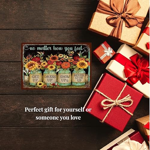 Miniatura 2 de Letrero de metal con diseño de flores divertidas, letrero rústico de metal con texto en inglés "No matter how you feel Never Give up", letrero de