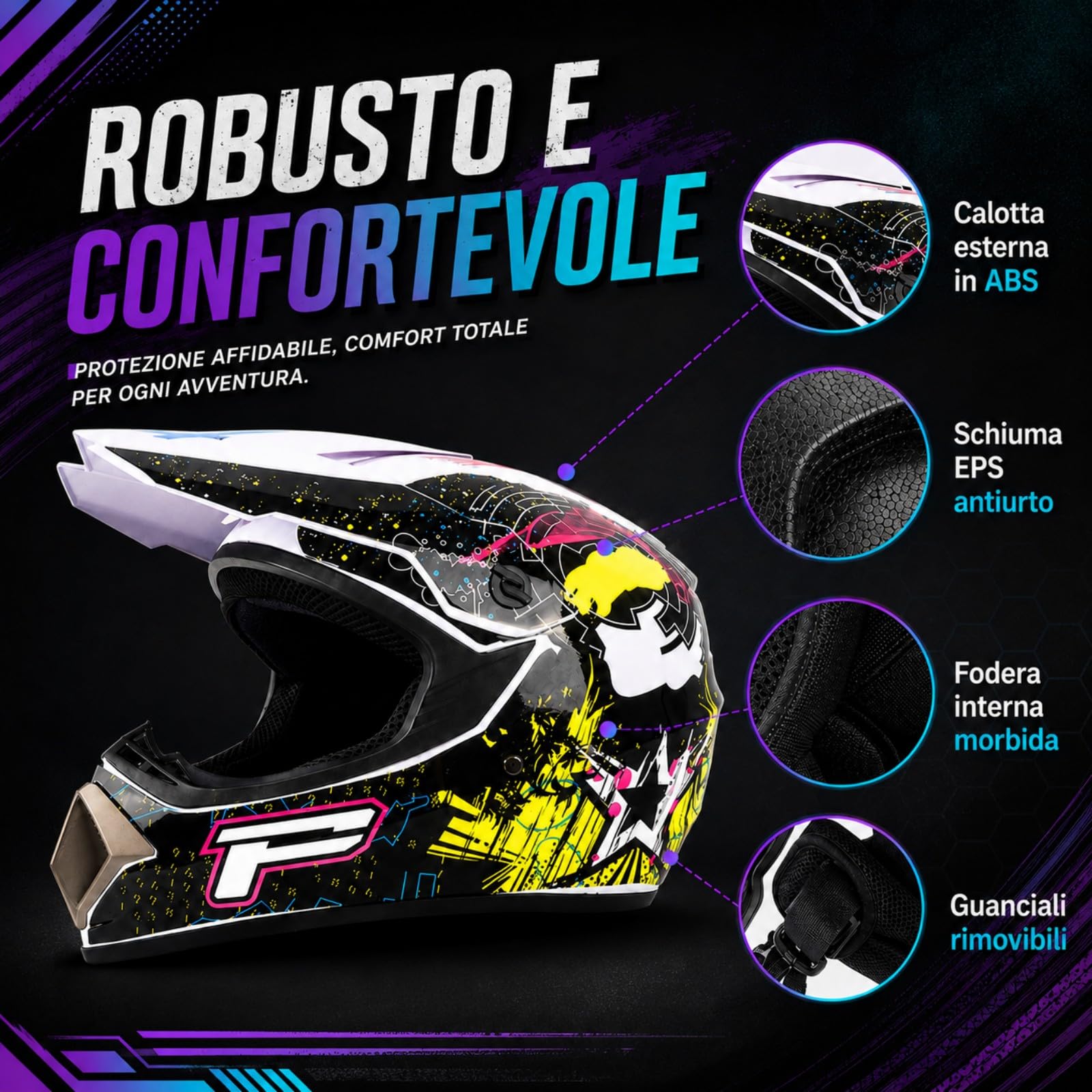 Casco Cross bianco, nero e giallo con Occhiali e Guanti