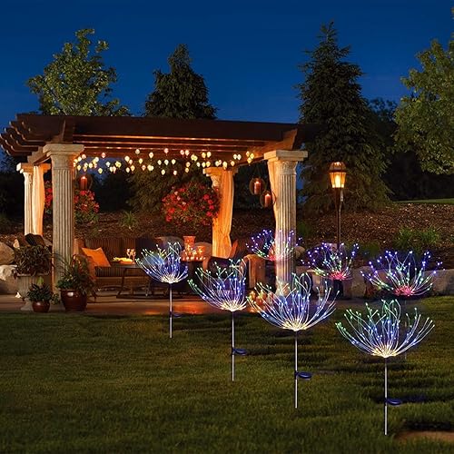 Miniatura 8 de Paquete de 4 luces solares de jardín al aire libre, impermeables, superbrillantes, 360 luces LED solares de fuegos artificiales, 2 modos de luces