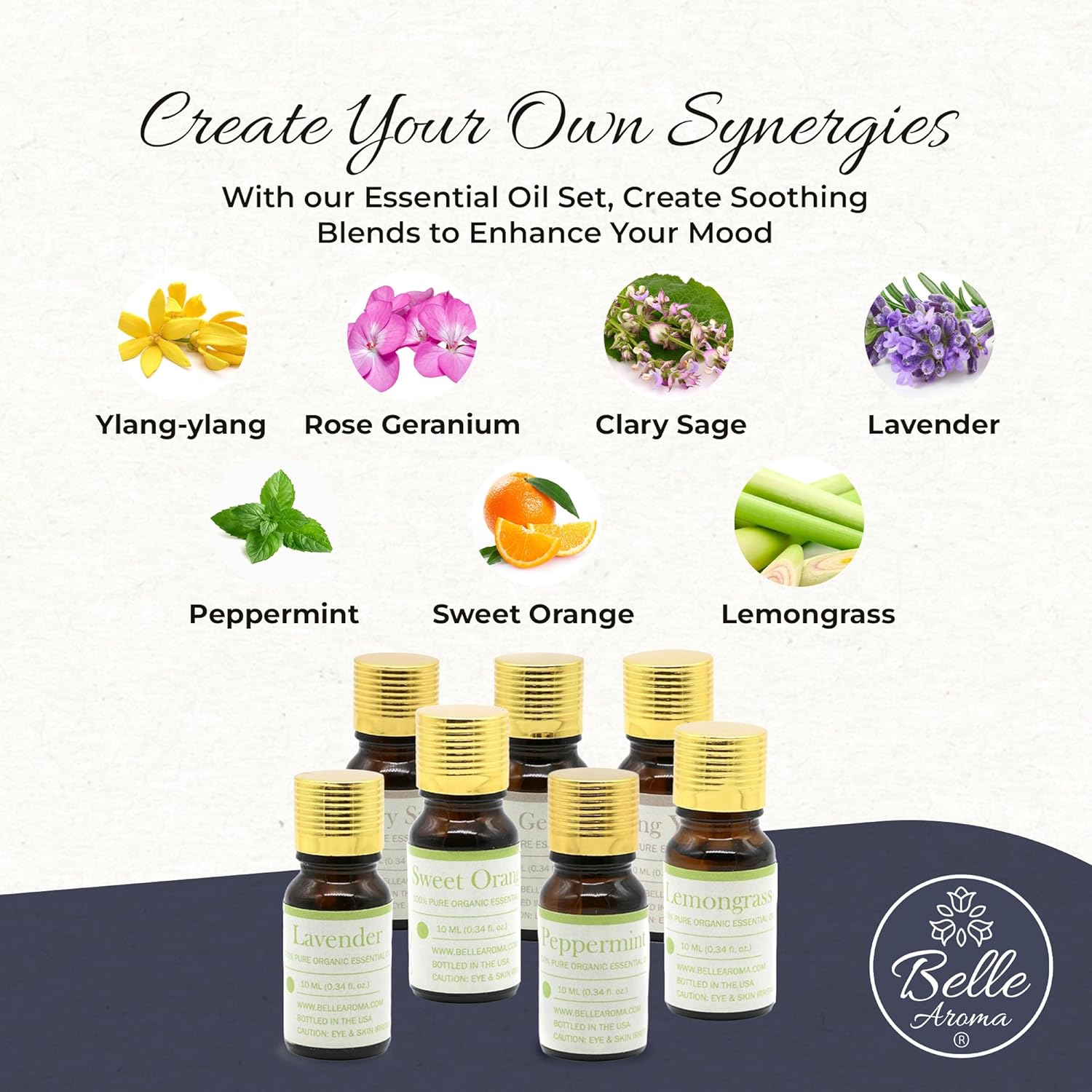 Belle Aroma Organic Aromatherapy Essential Oils Set for Diffusers, Home and Relaxation – Ylang Ylang, Lavender, Rose Geranium, Clary Sage, Lemongrass, Sweet Orange & Fennel – 7-Pack of 10ml Bottles