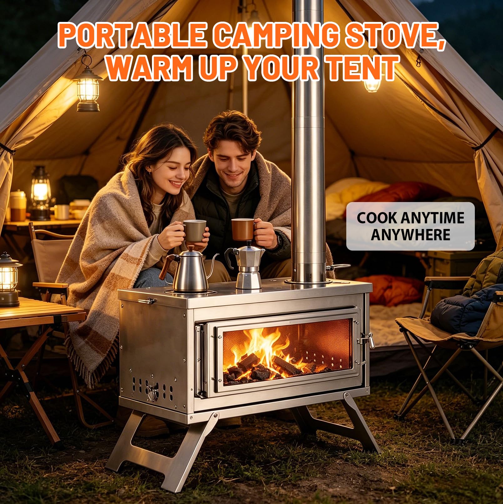 Camp Feuer Zeltofen, Edelstahl Zeltofen mit Kamin, Tragbarer Holzofen | Mit Tragetasche und Ascherost, Hochtemperaturbeständiges Holzkocher für Camping im Zelt,Outdoor-Kochen und Gartenaktivitäten