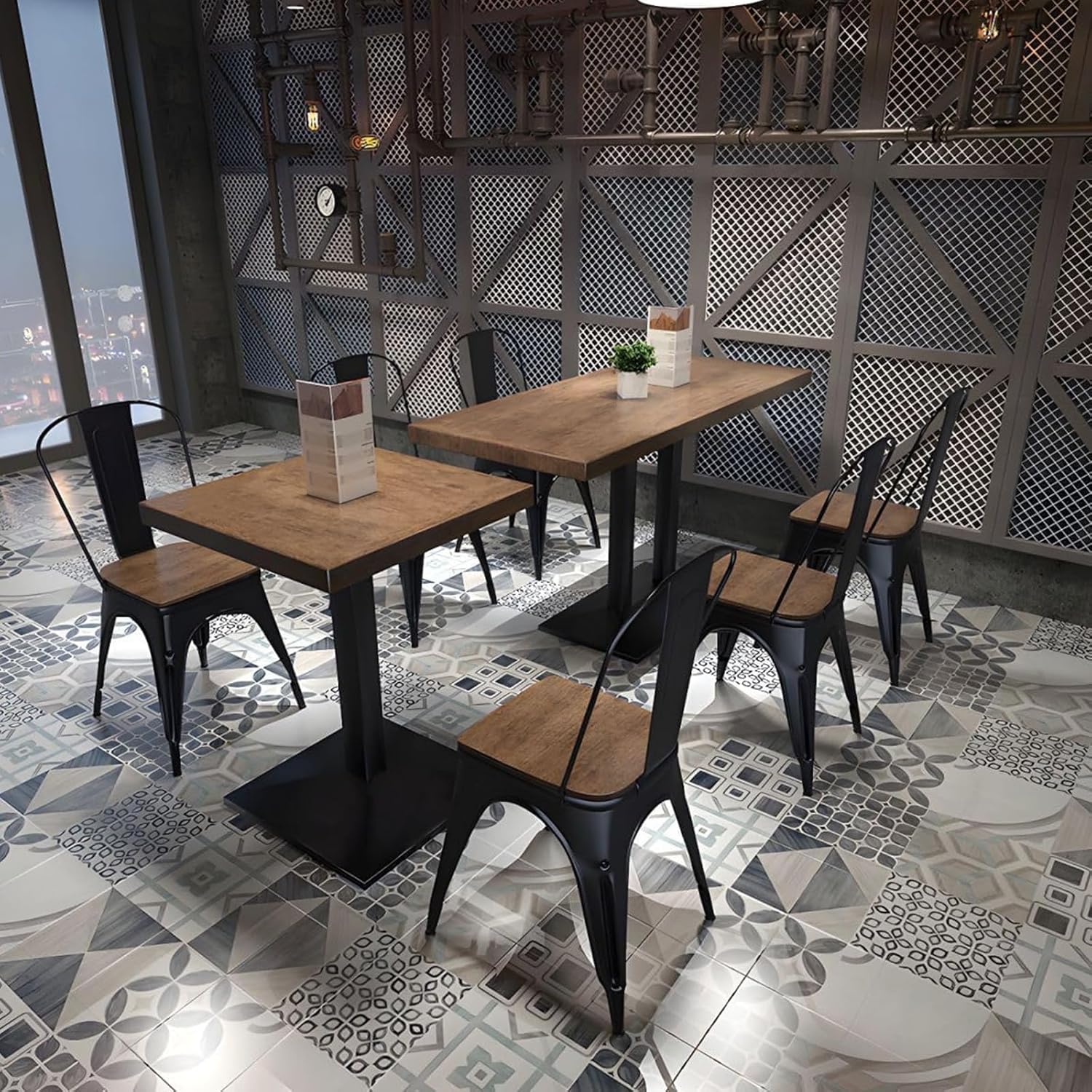 Metal Industrial Pedestal Dining Table, Kitchen Dining Room Minimalist Cafes Shops Restaurant Rectangular Square Tables With Iron Legs& Wood Top, Commercial Use(27.6"W x 27.6"D x 29.5"H, Brown)