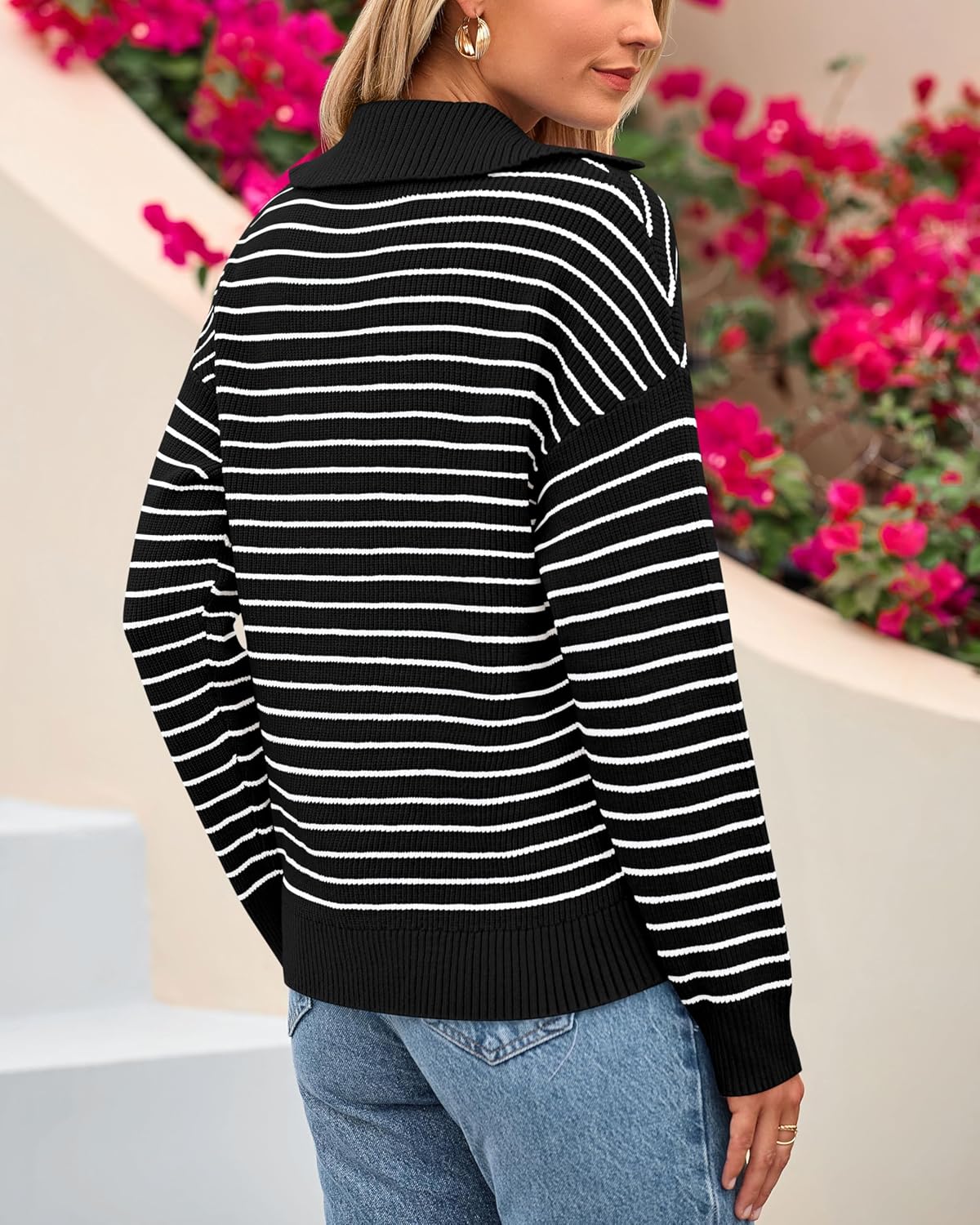 BTFBM Women's Striped Long Sleeve Sweater V Neck Lapel Collar 2024 Fall Winter Fashion Ribbed Knit Loose Pullover Tops - Image 4