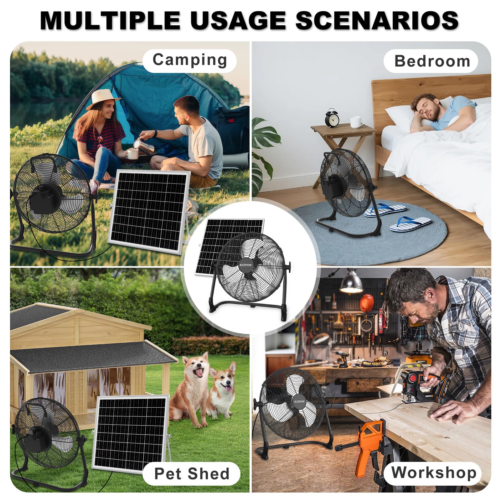 NATPOW Ventilador de Suelo Solar, 30cm Ventilador con Panel Solar, Potente y Silencioso, 13200 mAh, Hasta 27H, Équipé de ports USB, Idéal pour Camping, Plage, Chantiers, Patio, Invernadero, Interior