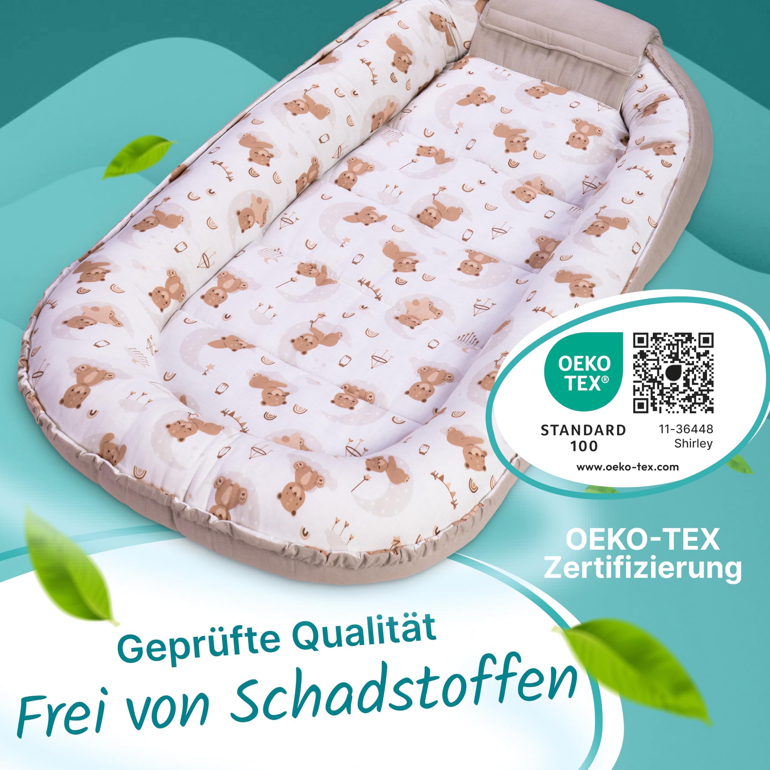 Babynest für Neugeborene, Baby Nestchen – Oeko-TEX Zertifiziert, 100% Baumwolle, maschinenwaschbar –Tragbares Babynest für zuhause & unterwegs, sicher & gemütlich – 100x58x12 cm, Beige