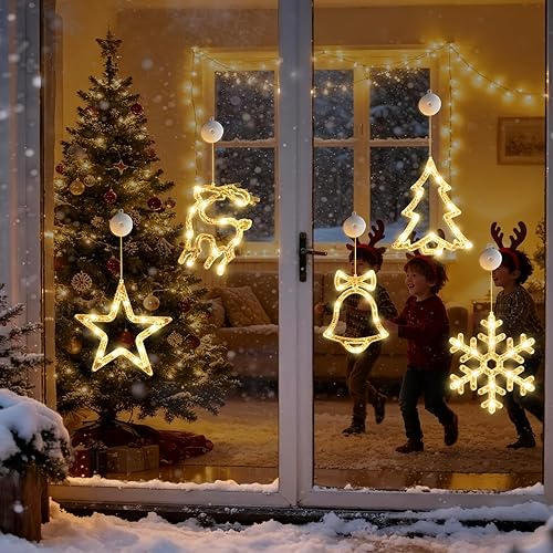 Miniatura 9 de 5 luces de Navidad para ventana con temporizador, funciona con pilas, luz blanca cálida con copos de nieve, campanas de árbol con forma de estrella