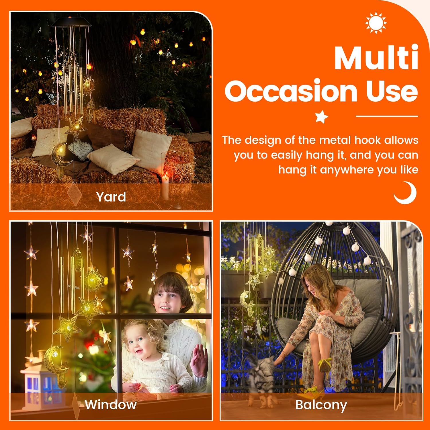 Solar Wind Chimes for Outside, Sun Powered Wind Bell, Waterproof LED Hanging Wind Chimes, Soft Light Solar Hanging Light Home Decor Yard Garden Gift for Mother Mom Grandma Wife Neighbors Sun Moon Star