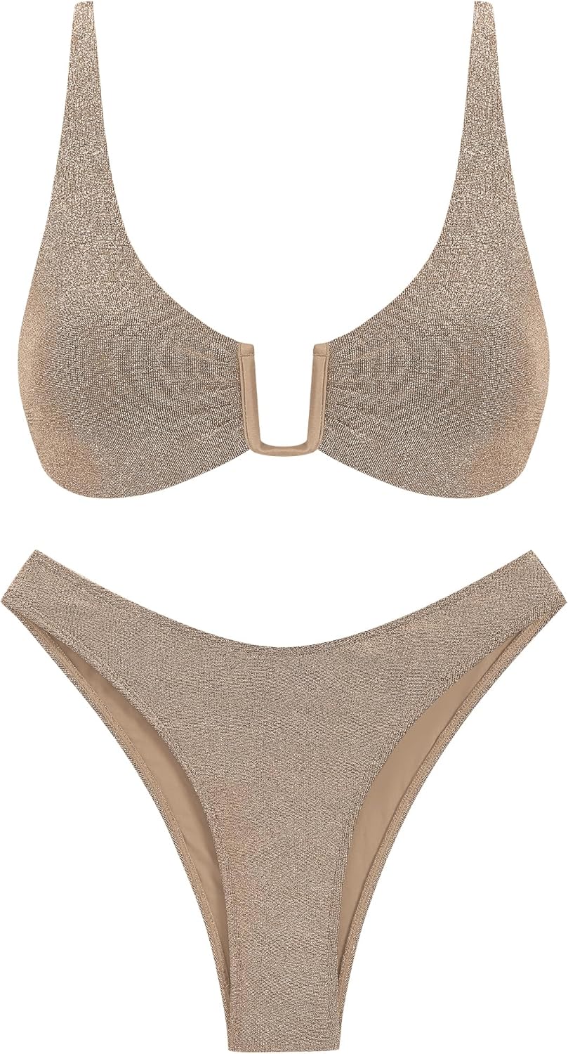 ZAFUL Bikini Set for Women U-Wired Bathing Suits Metallic Glitter Sparkly Lace Up Criss Cross String Bikini Swimswear(XL,Shine-Light Coffee)