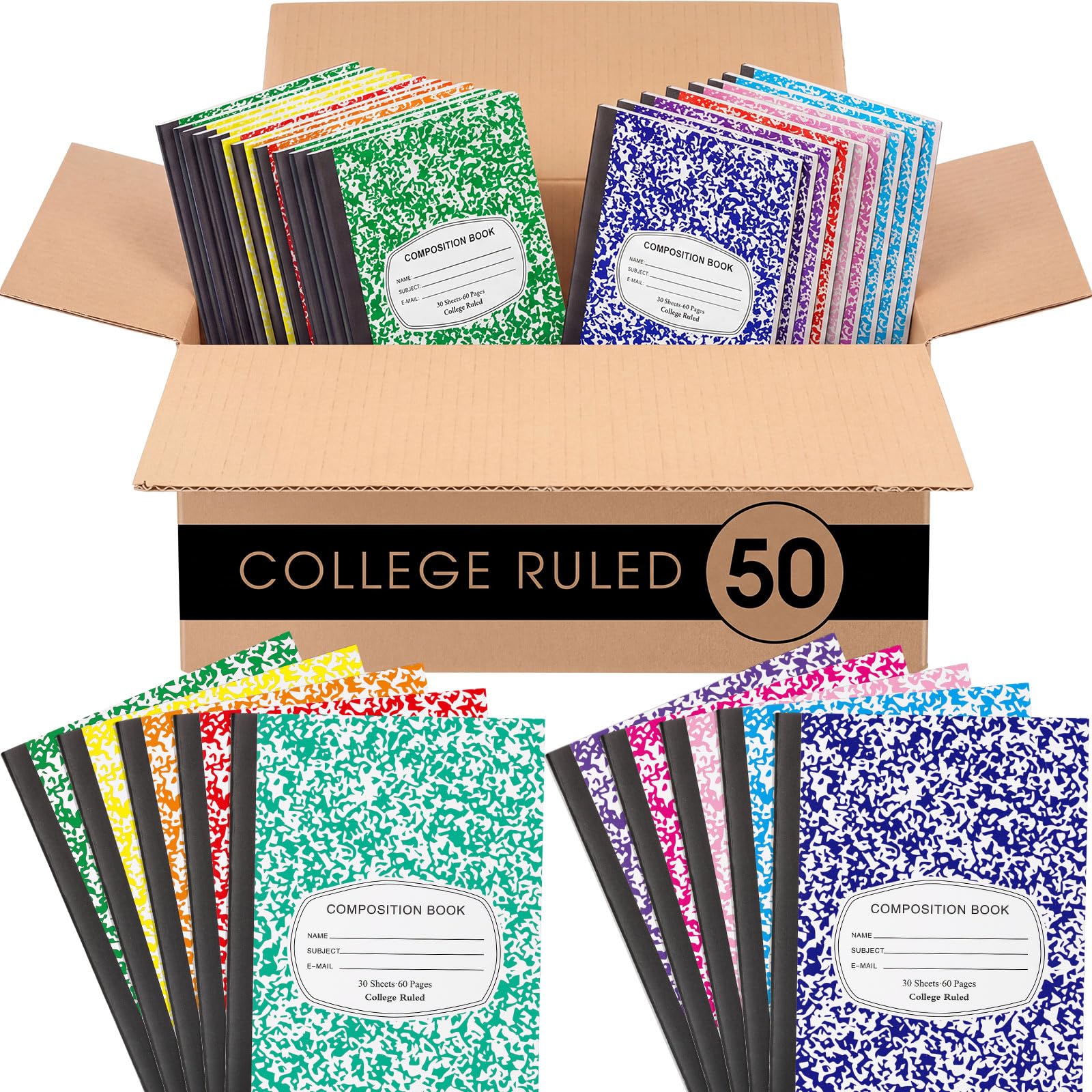 Fainne Confezione da 50 quaderni a righe per composizione universitaria, formato A5, multicolore | 14 x 21 cm, 30 fogli/60 pagine, copertina marmorizzata, quaderni per università, ufficio, scuola