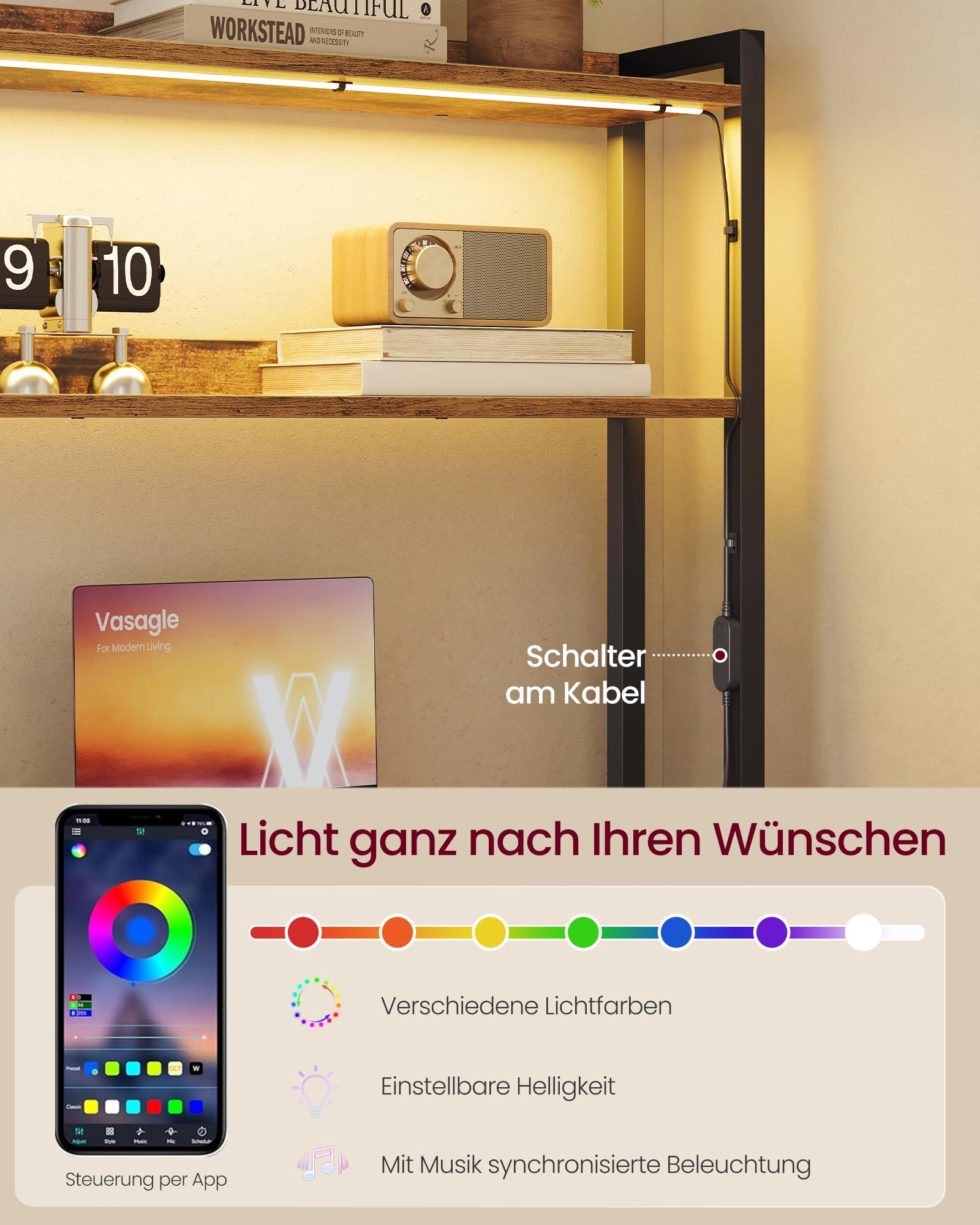 VASAGLE L-Form Schreibtisch, Eckschreibtisch mit Steckdosen und LED-Beleuchtung, Computertisch mit 3 Schubladen und Monitorständer, 140 x 100 x 150 cm, Vintagebraun-Schwarz, LWD162K101