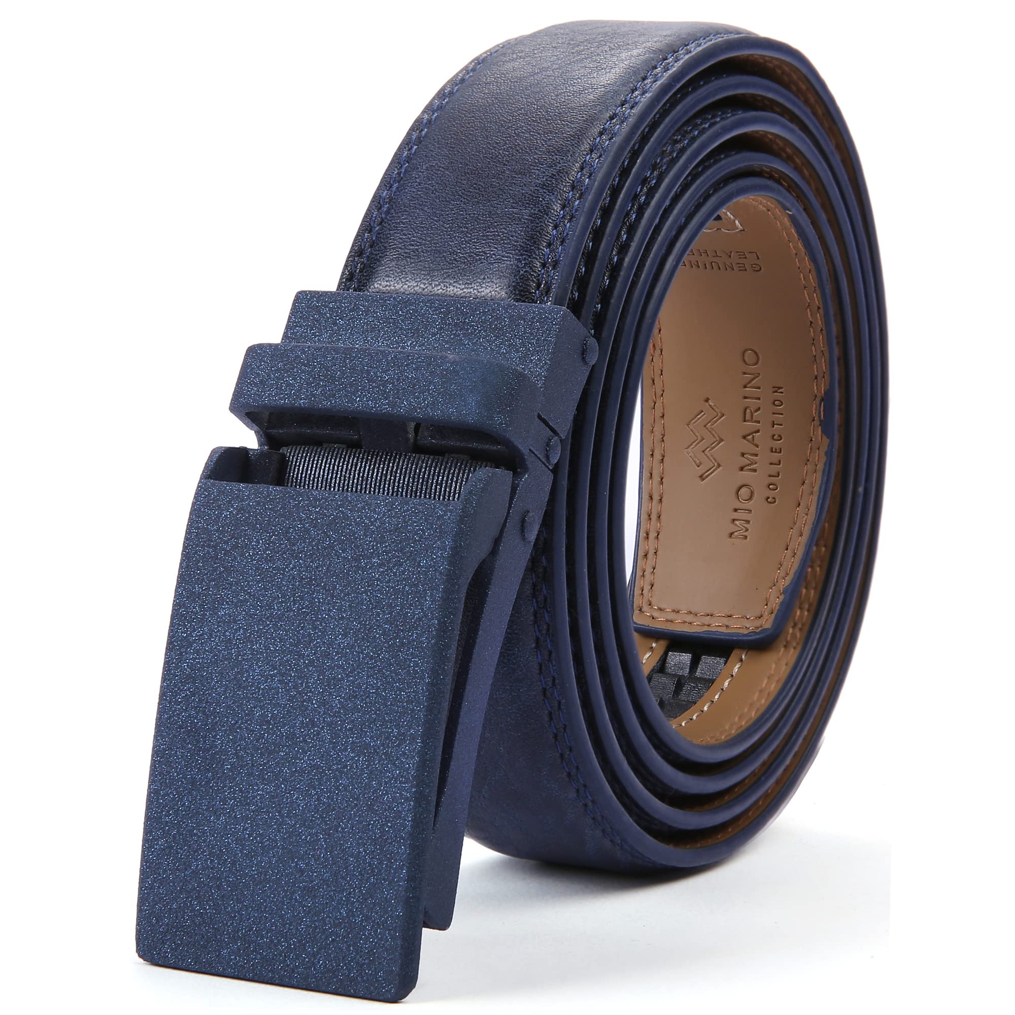 Marino Avenue Men’s Genuine Leather Ratchet Dress Belt with Linxx Buckle - Gift Box - Stony Matte - Navy Blue - Adjustable from 48" to 64" Waist