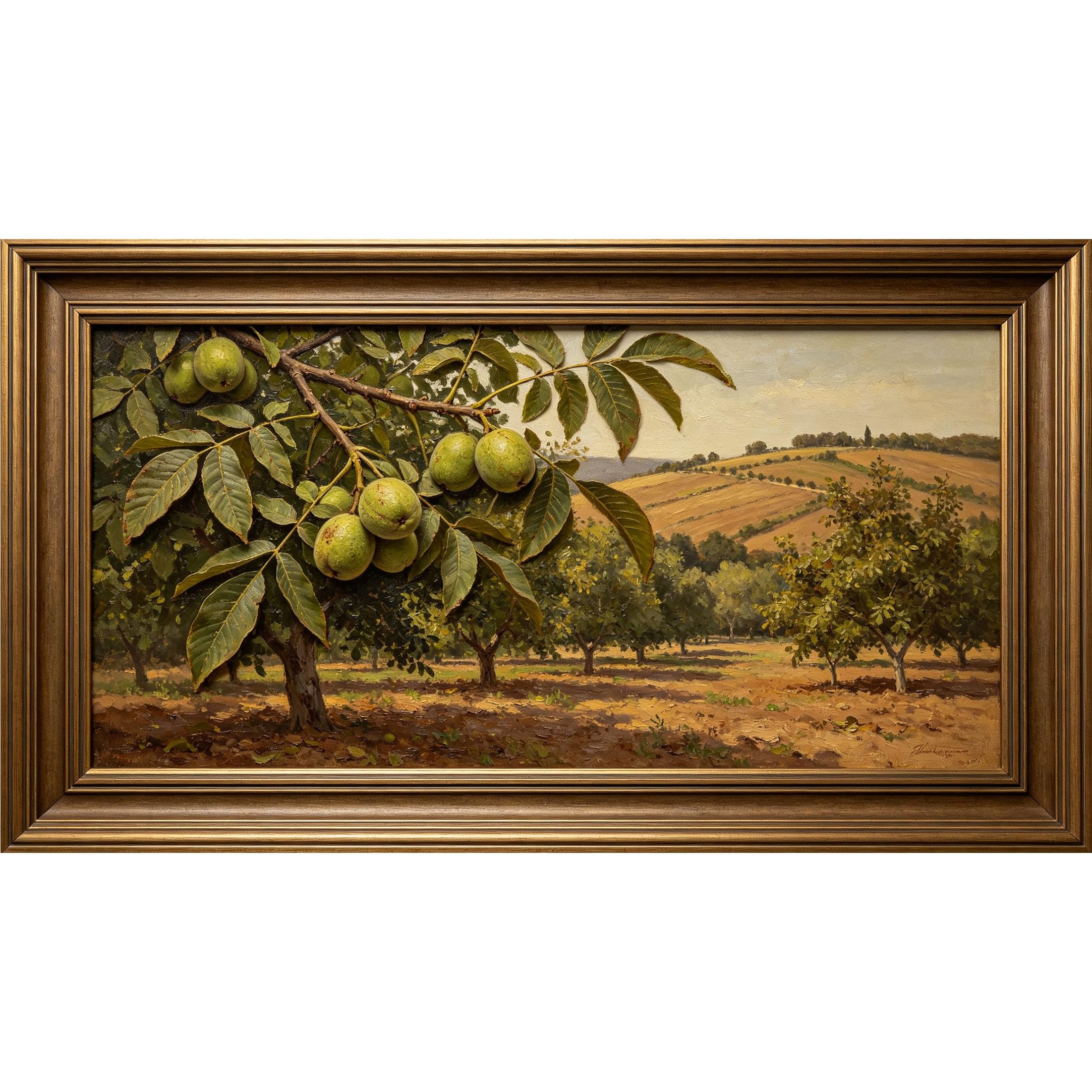 QZLITHOTIC 50×90cm3D Framed Wall Art， Walnut Orchard Farmhouse Oil Painting SelfAdhesive Mural， WaterActivated Peel & Stick Fabric Decor Wall Decal for Bedroom Living Room
