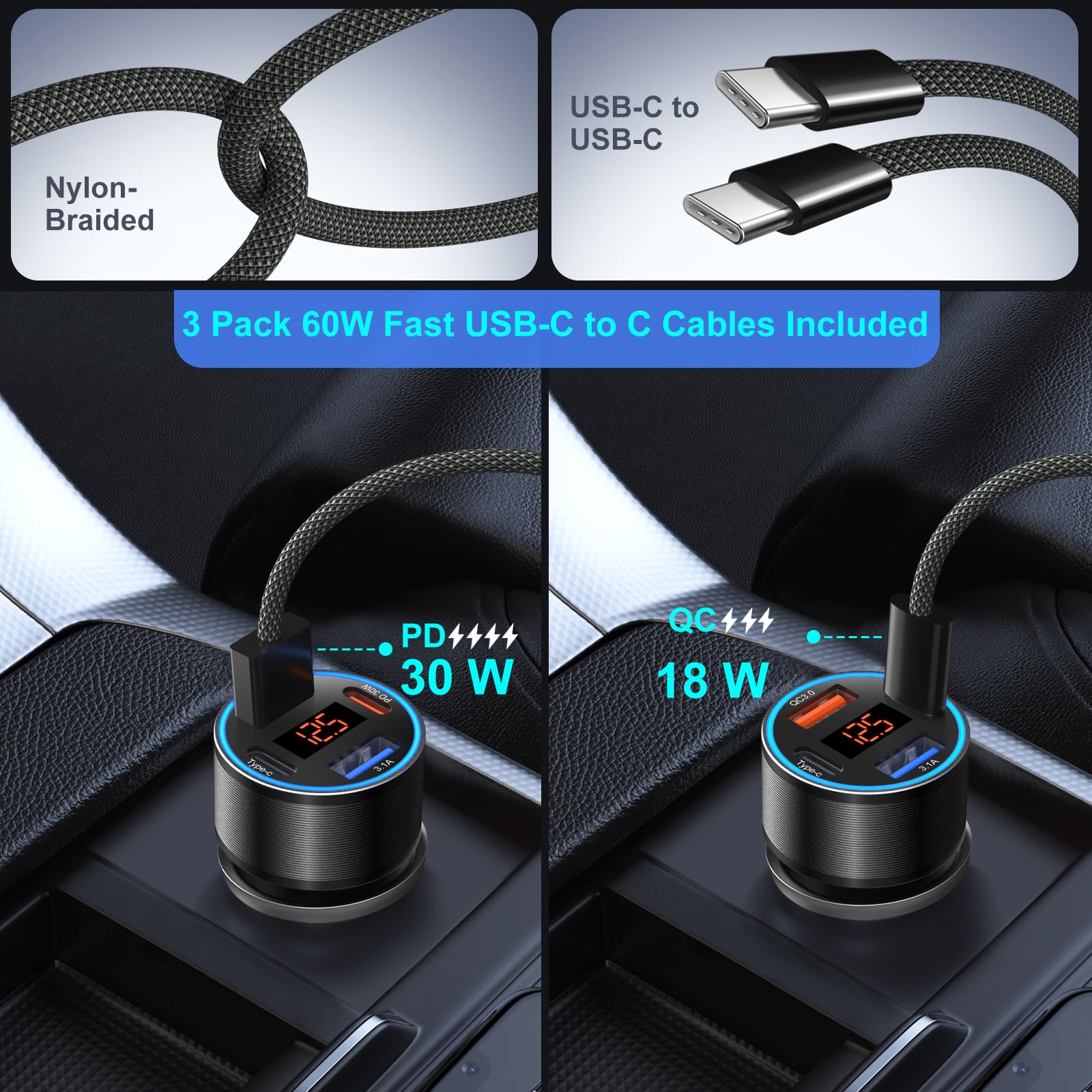 65 W 4-portowa ładowarka samochodowa USB C super szybka typu C do Galaxy S25/S24/S23/S22 Ultra/iPhone 17/16/15, 3-pak QC i PD 3.0 szybkie ładowanie Android ładowarka samochodowa adapter do zapalniczki