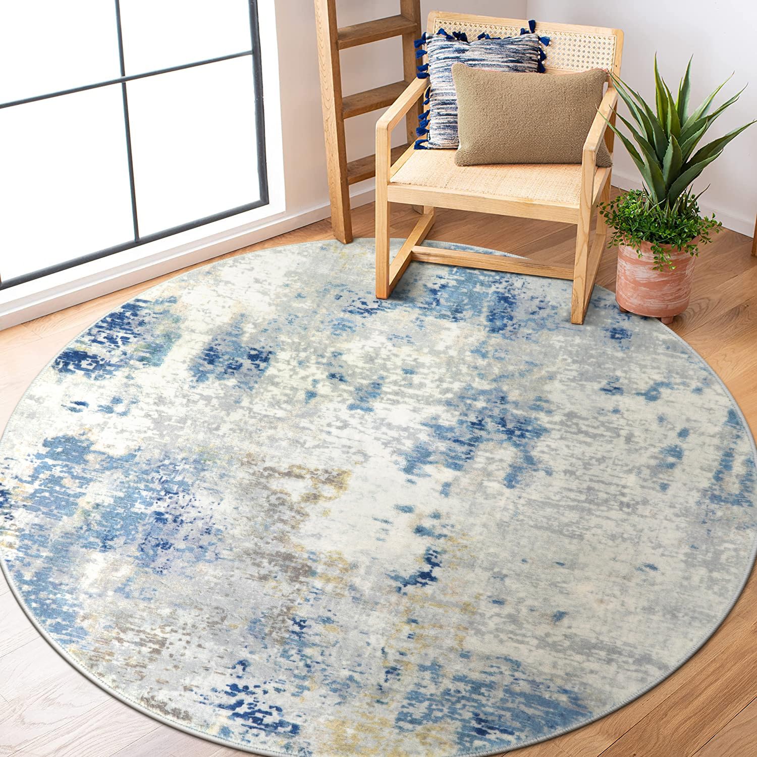Lahome Washable Round Rug 5Ft, Blue Modern Abstract 5x5 Circle Rugs for Living Room Bedroom, Soft Contemporary Large Indoor Carpet for Kitchen