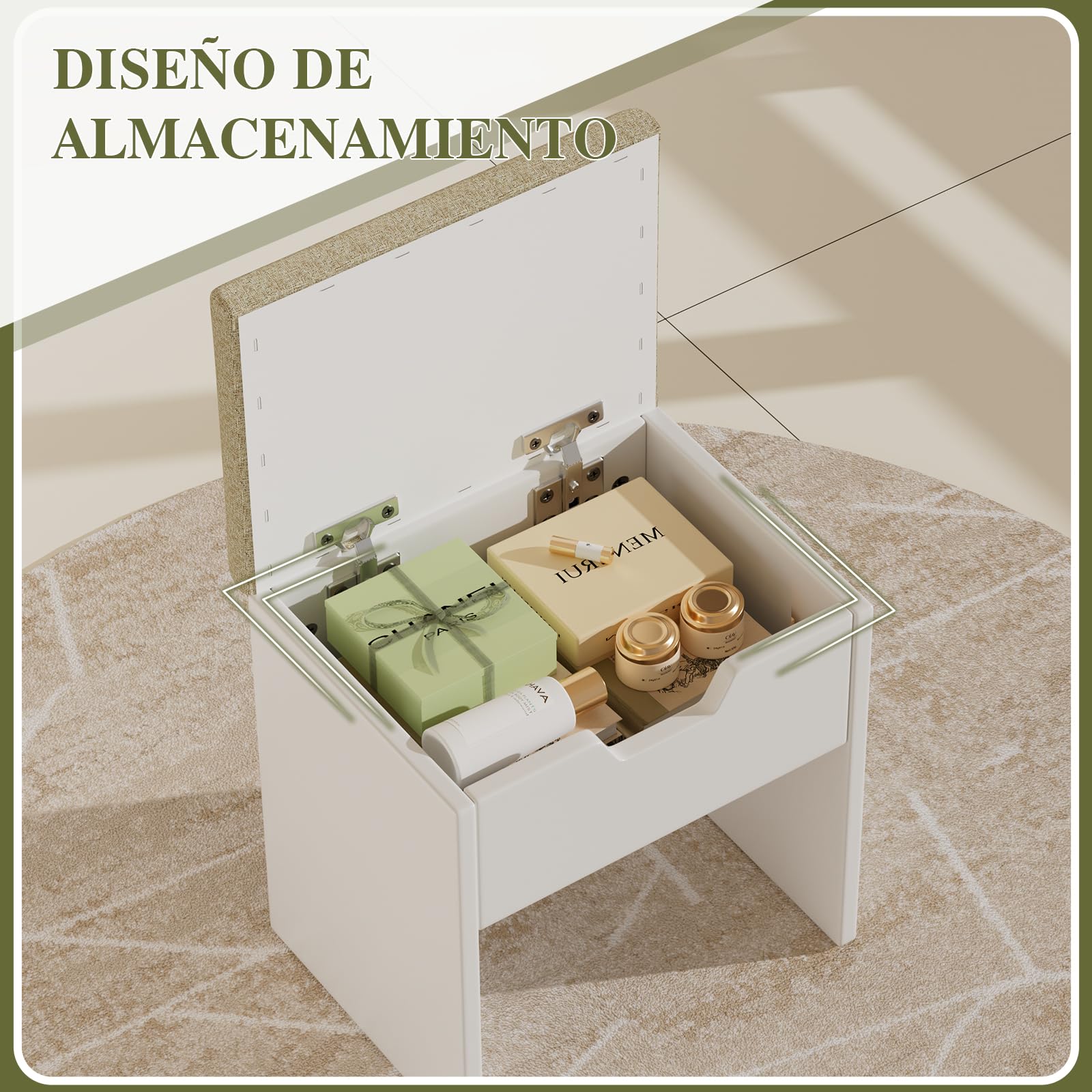 TRIUMPHKEY Taburete de Tocador con Almacenaje, Taburetes de Maquillaje, Silla Tocador de Maquillaje para Dormitorio, Reposapiés con Almohadilla Taburete Tapizado Moderno, Blanco