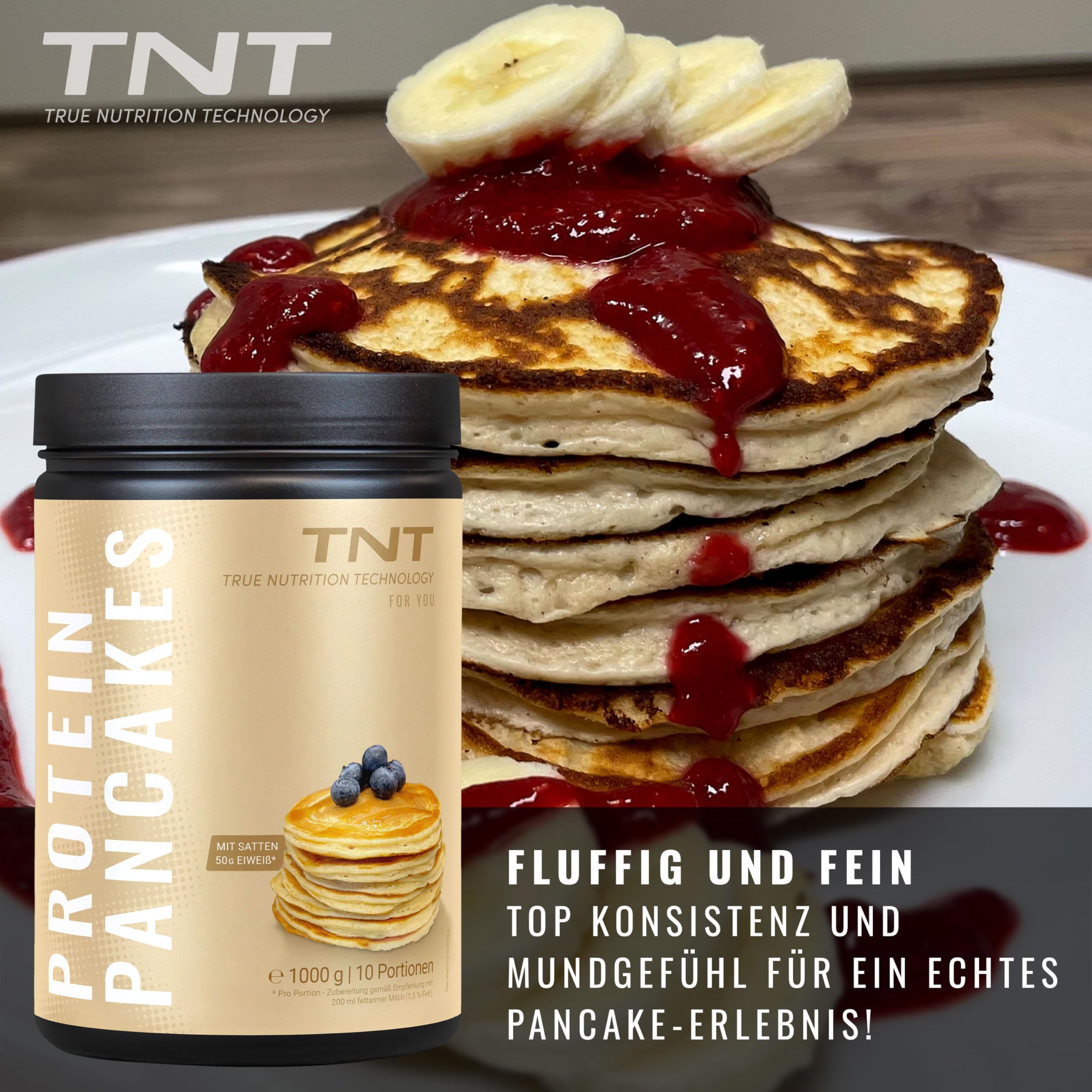 TNT Protein Pancakes (1kg) • Pulver für High Protein Pancakes • 43g Protein je 100g • Diät Fitness–Dessert & Sport–Frühstück zum Abnehmen • Pfannkuchen Teig für Fitness Snack