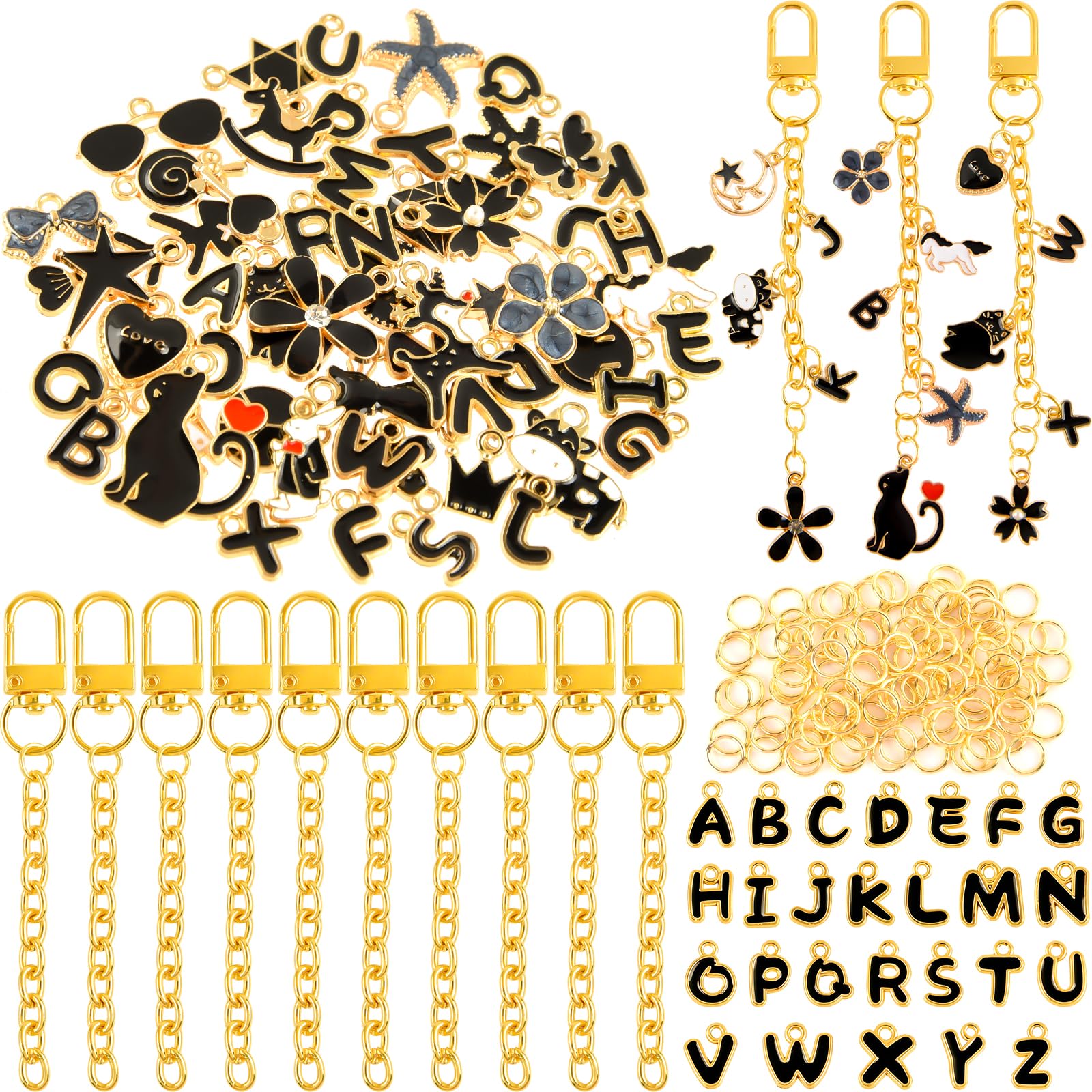NEBURORA Bag Charms Kit Lip Gloss Keychain Making Kit,56 Cute Charms 10 Keychain Clips with Key Chain Hooks and 100 Jump Ring Jewelry Making Kit for DIY Women Gifts Craft Supplies（Black