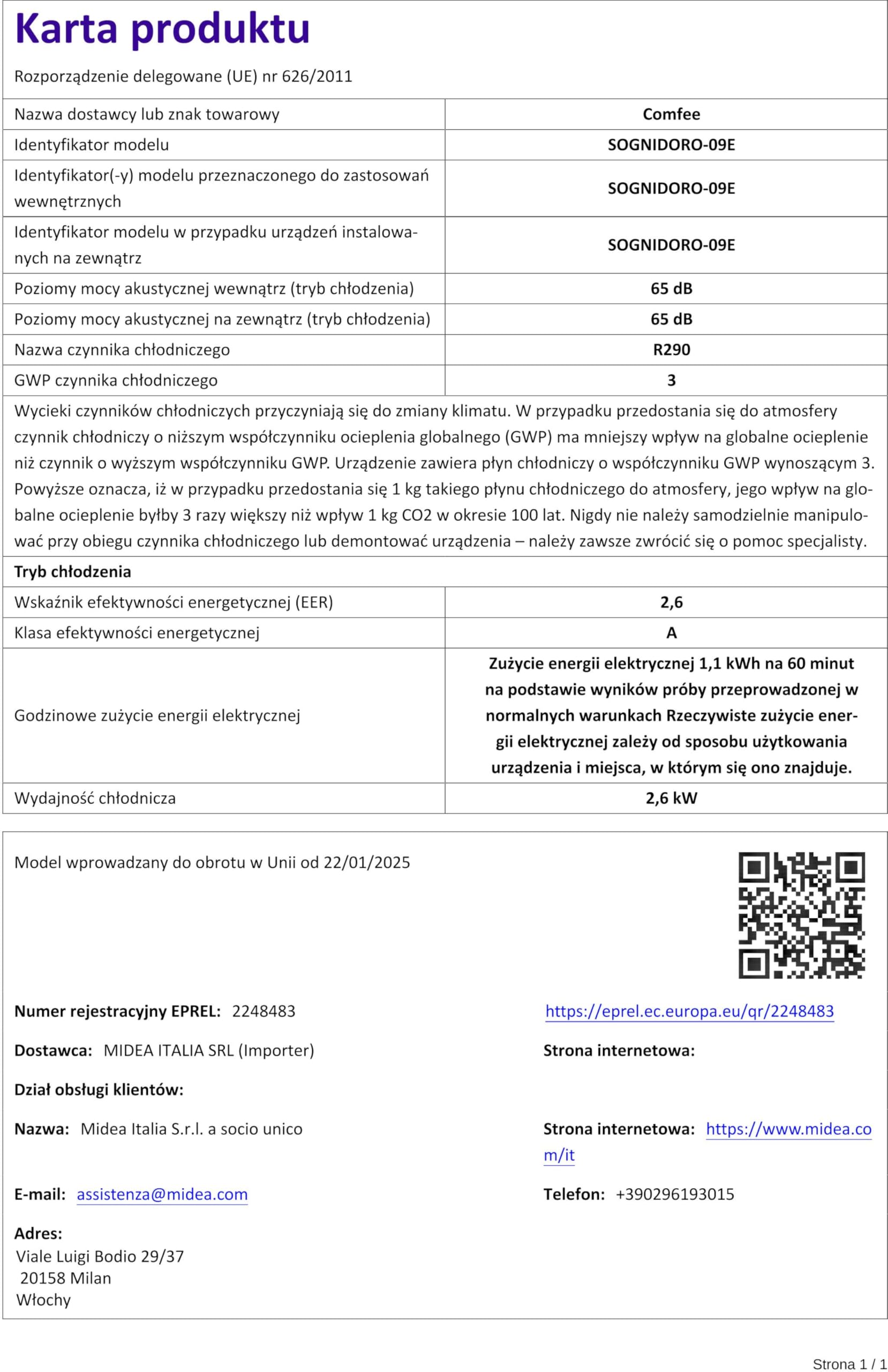 Comfee SOGNIDORO-09E Condizionatore Portatile Capacità 9000BTU Gas R290, BIANCO