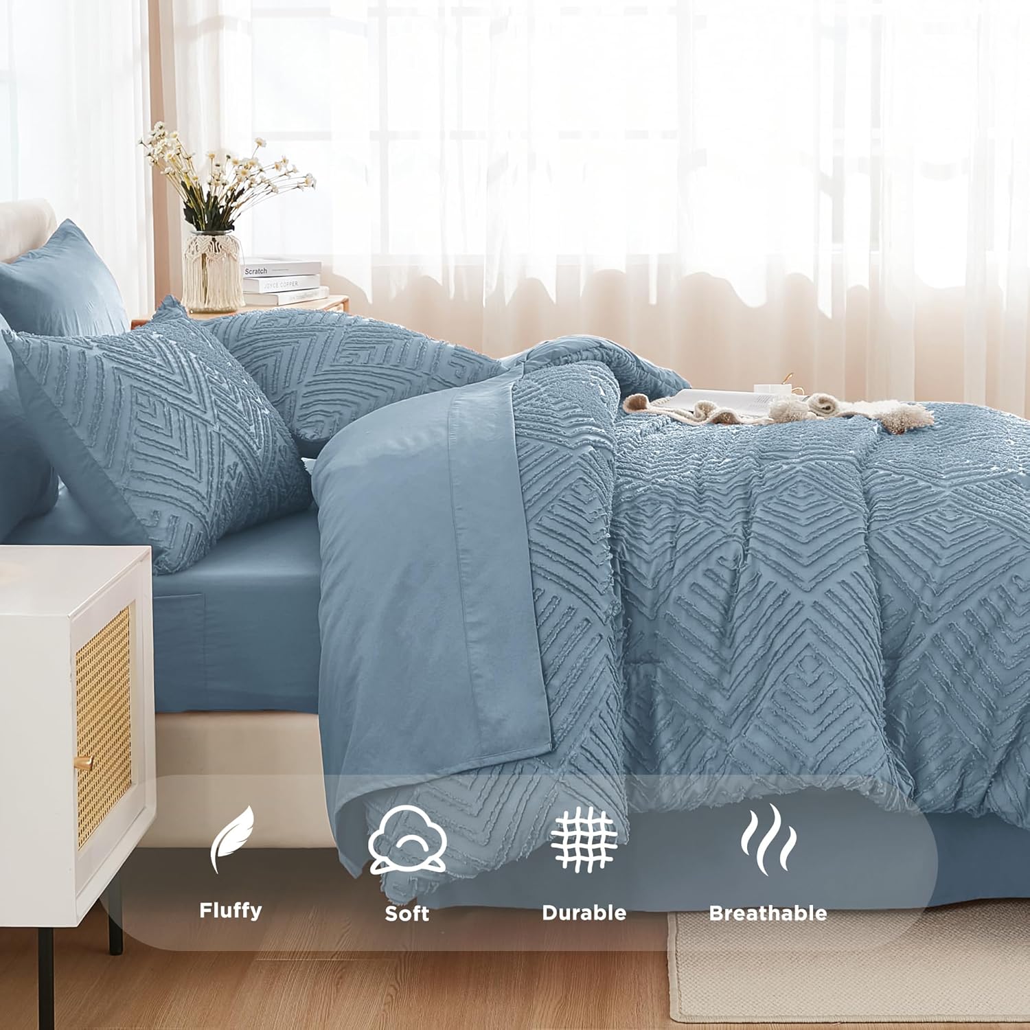 Andency Queen Size Comforter Set 7 Piece Grayish Blue - Bed in a Bag Queen Boho Lightweight Fluffy Tufted Bedding Sets with Comforter, Sheets, Pillowcases & Shams - Image 7