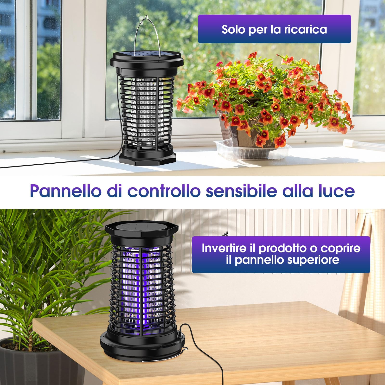 PALONE Lampada Antizanzara Solare 4500V da Appendere | Ricarica USB, Dotato di Pannello Solare Regolabile da 5,5W/5V e Cavo da 3,5m, Lunga Autonomia per giardini e spazi esterni