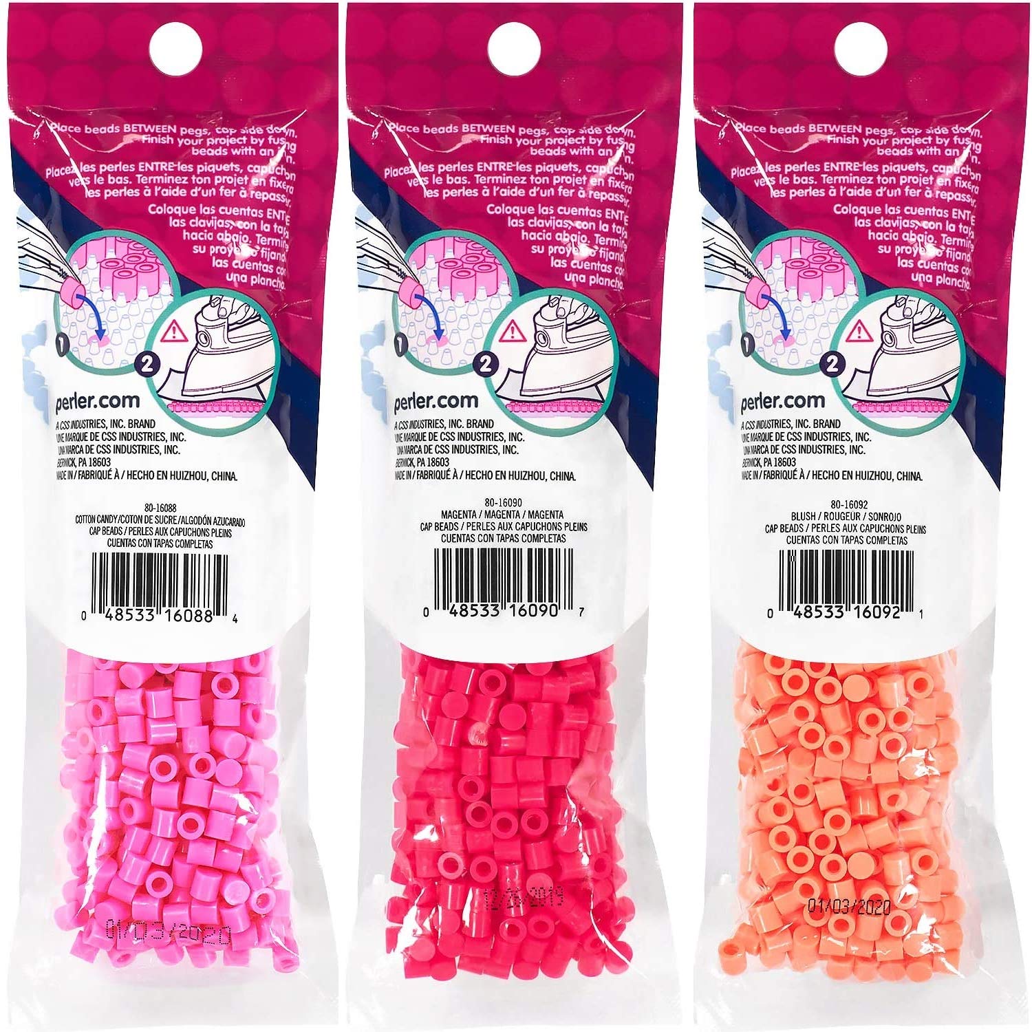 Perler Czapki – solidne koraliki bezpiecznikowe – zestaw 3 szt. – wata cukrowa, magenta i rumieniec
