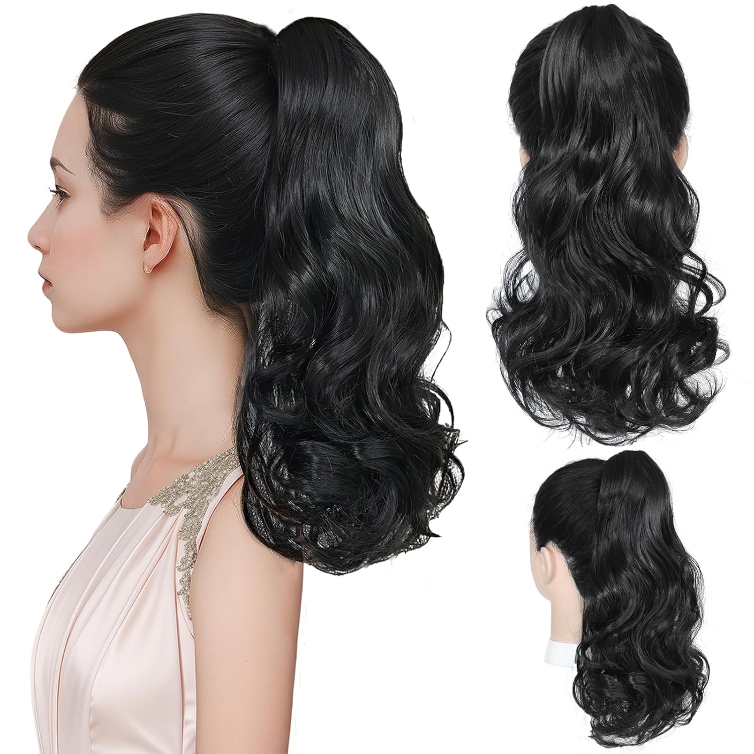 Ponytail Extension, 14 Inch Claw Clip in Ponytail Extension for women, Layered Wavy Hair Ponytail Extension, Soft Natural Looking Synthetic Hair Piece for Women (1B#-Black, 14Inch) 1B# 14 Inch