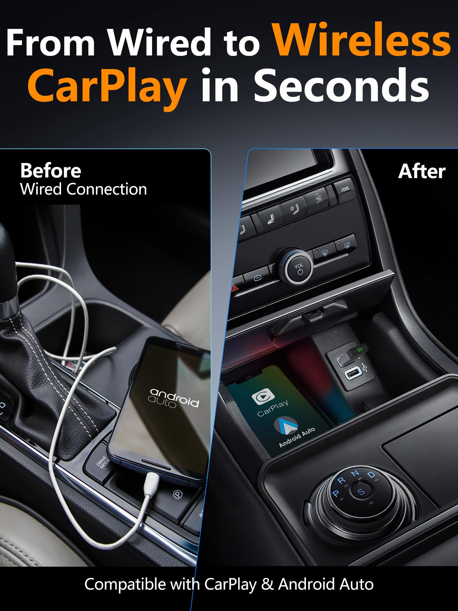 ZOUHOE 2 en 1 Mini Adaptador CarPlay y Android Auto inalámbrico, Convierte tu Sistema cableado en inalámbrico. Conexión automática rápida, Plug & Play, iOS 10+, Android 10+, Coches 2016+.(1 Piezas) - 3