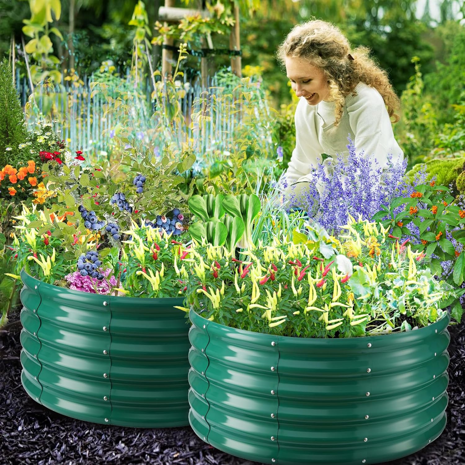 17" Tall Round Outdoor Garden Raised Garden Bed Kits-0.8MM Thick Metal Raised Planter Bed/Ground Planter Box for Variety of Flowers,Herbs,Vegetables,Trees (Dark Green, 32 Dia X 16.5 inches)