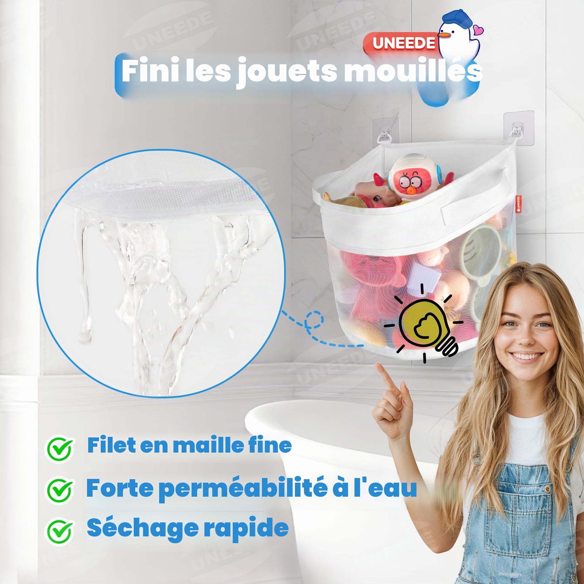 UNEEDE Rangement Jouet Bain, Filet Jouet Bain Bebe, Organiseur de Jouets de Bain avec 4 Crochets Adhésifs, Rangement Jouet Baignoire, Filet Jouet Bain de bébé, Rangement de Jouets de Bain pour bébé