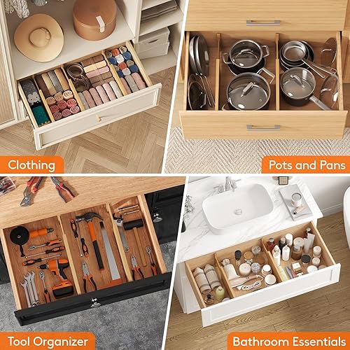 Miniatura 7 de Lifewit Paquete de 6 separadores de cajones de bambú de 5 pulgadas de profundidad, organizadores de cajones expandibles de 13 a 16.5 pulgadas para