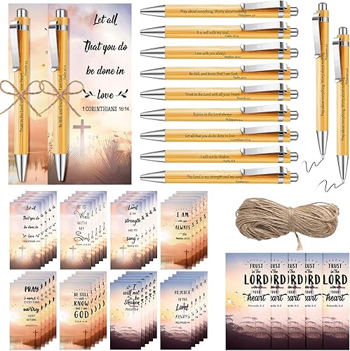 Qilery Juego de 91 piezas de regalo cristiano a granel, 45 versículos de la Biblia, bolígrafos de bambú retráctil de madera, 45 tarjetas