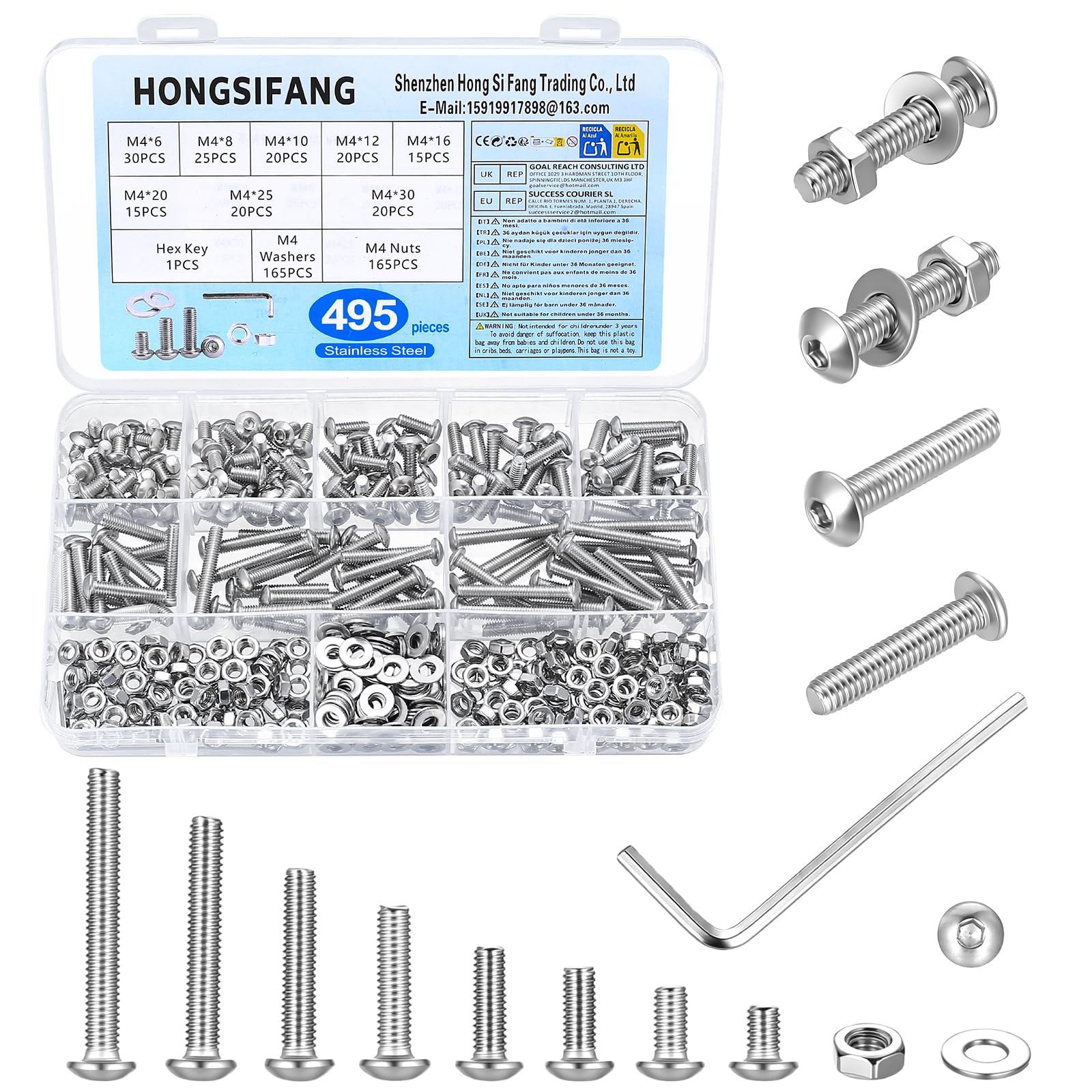 495 Pcs M4 Screws Set, Round Head Hexagon Socket Bolts and Nuts Set,Stainless Steel Nuts and Bolts Assortment, Hex Socket Head Cap Screws Sets,Machine Screws And Washers Kit for Repair,with Wrench