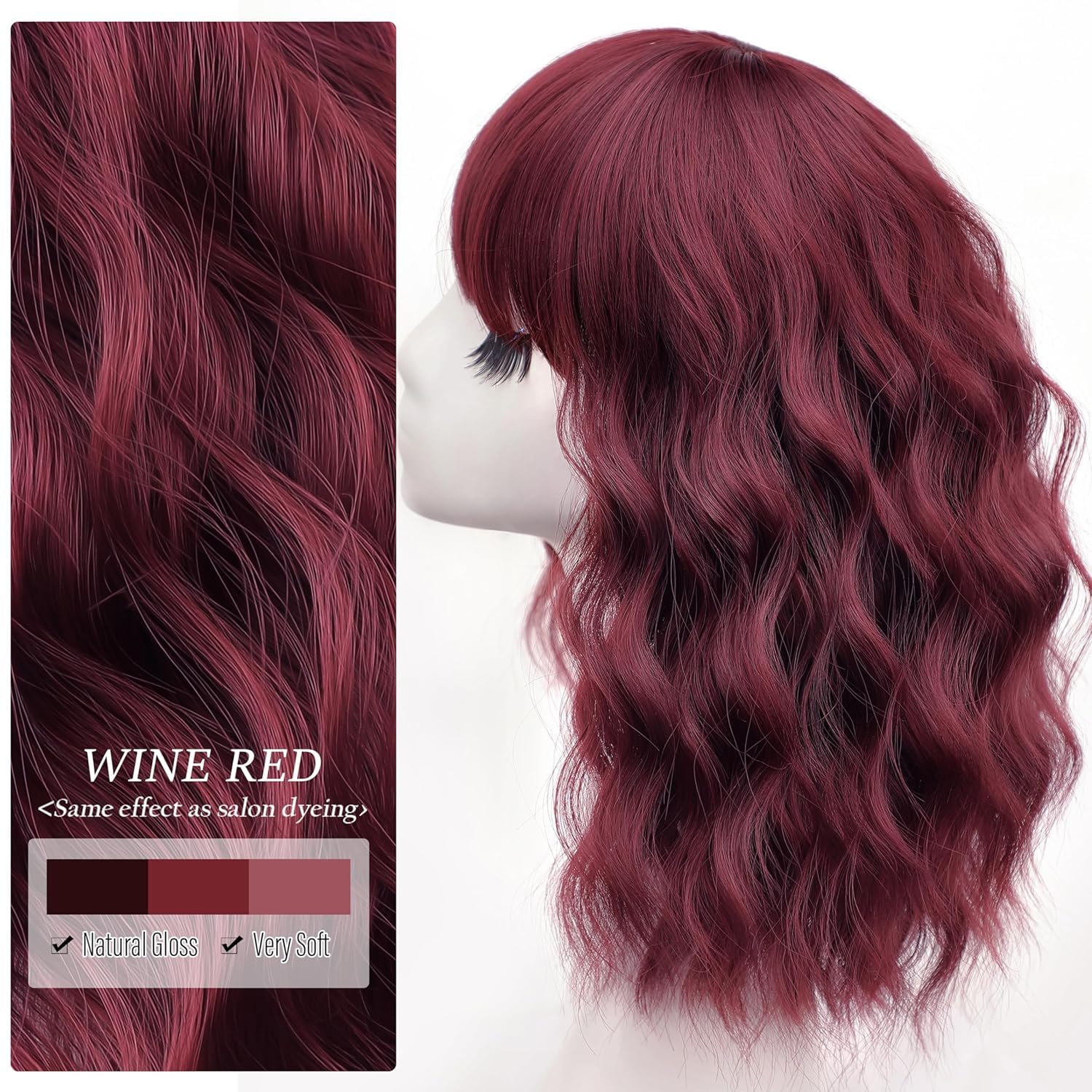 PORSMEER 14 inch Shoty Wavy Red Bob Wig with Fringe for Women Shoulder Length Curly Synthetic Hair Wig for Cosplay Halloween Party Daily Use,Dark Red - Image 2