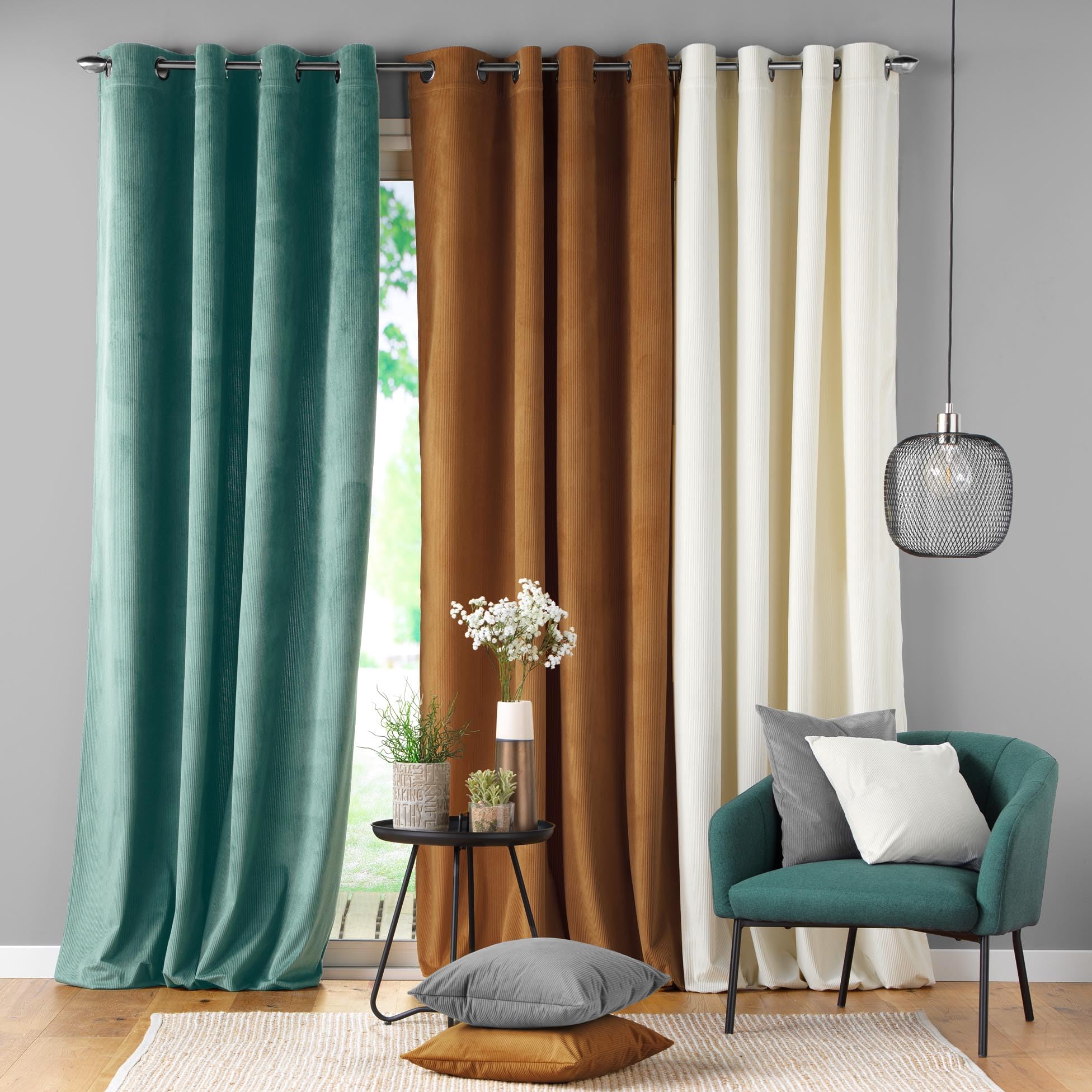 Douceur d'Intérieur, Rideau à Oeillets (140 x 260 cm) Casual Sauge, Velours Côtelé Uni (Lot de 2)