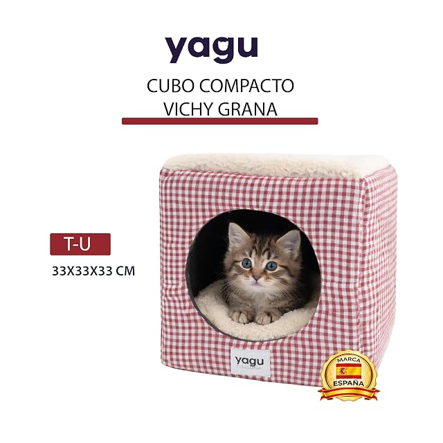Foto 2 de 8 de YAGU Cama para Perros y Gatos T-U (33x33x33 cm hasta 3 kg) Diseño Cubo Vichy Grana con Interior…