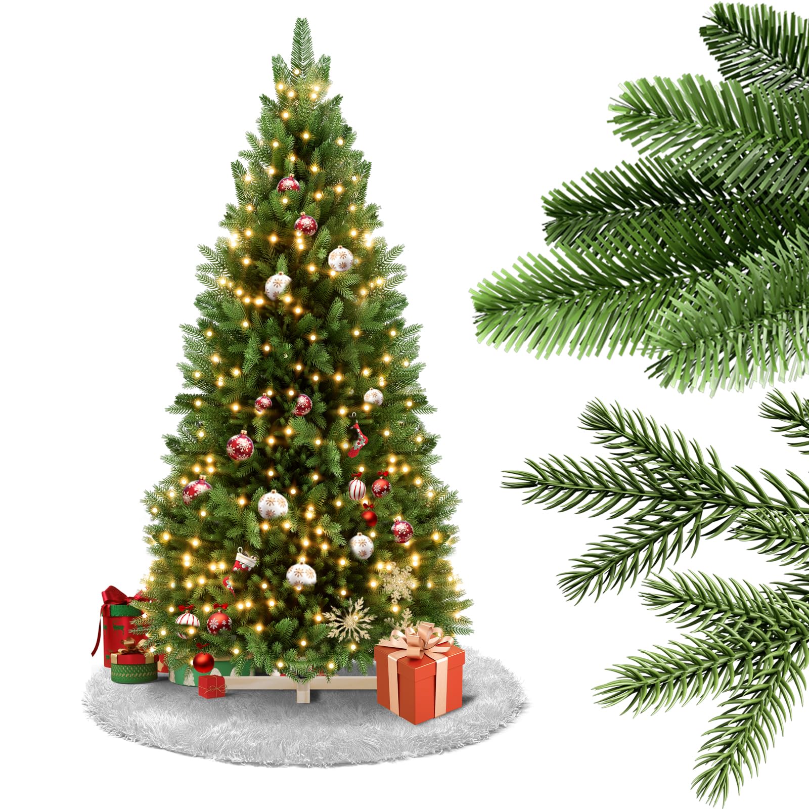 LZQ Sapin de Noël artificiel avec support en bois - Avec éclairage - Avec branches et lumière LED chaude - Pour décoration de Noël - Intérieur et extérieur - 150 cm