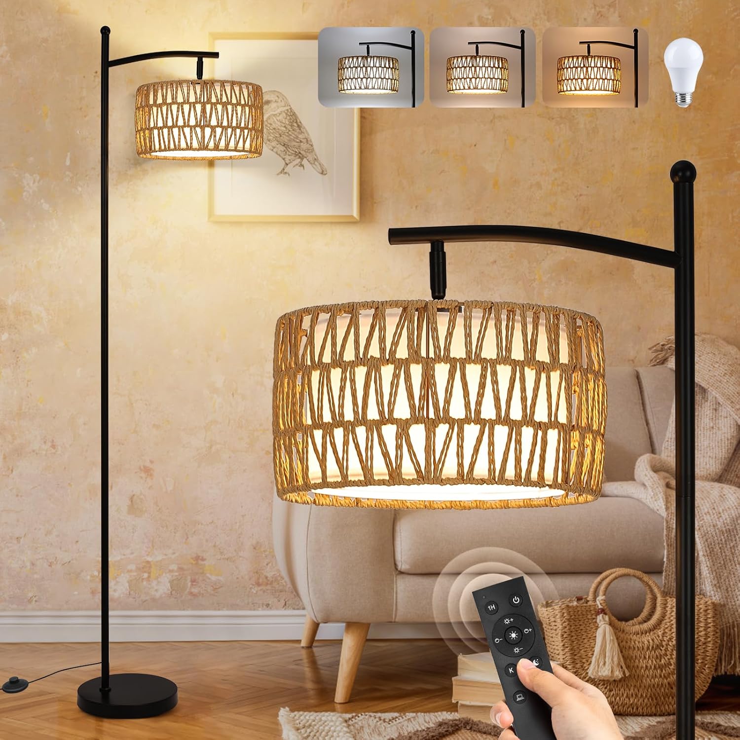 Netin Rattan Floor Lamps for Living Room, Boho Standing Lamp with Remote Control, Arc Floor Lamp Dimmable with Rattan& Linen Double Shades, Wicker Floor Lamp for Bedroom, Office