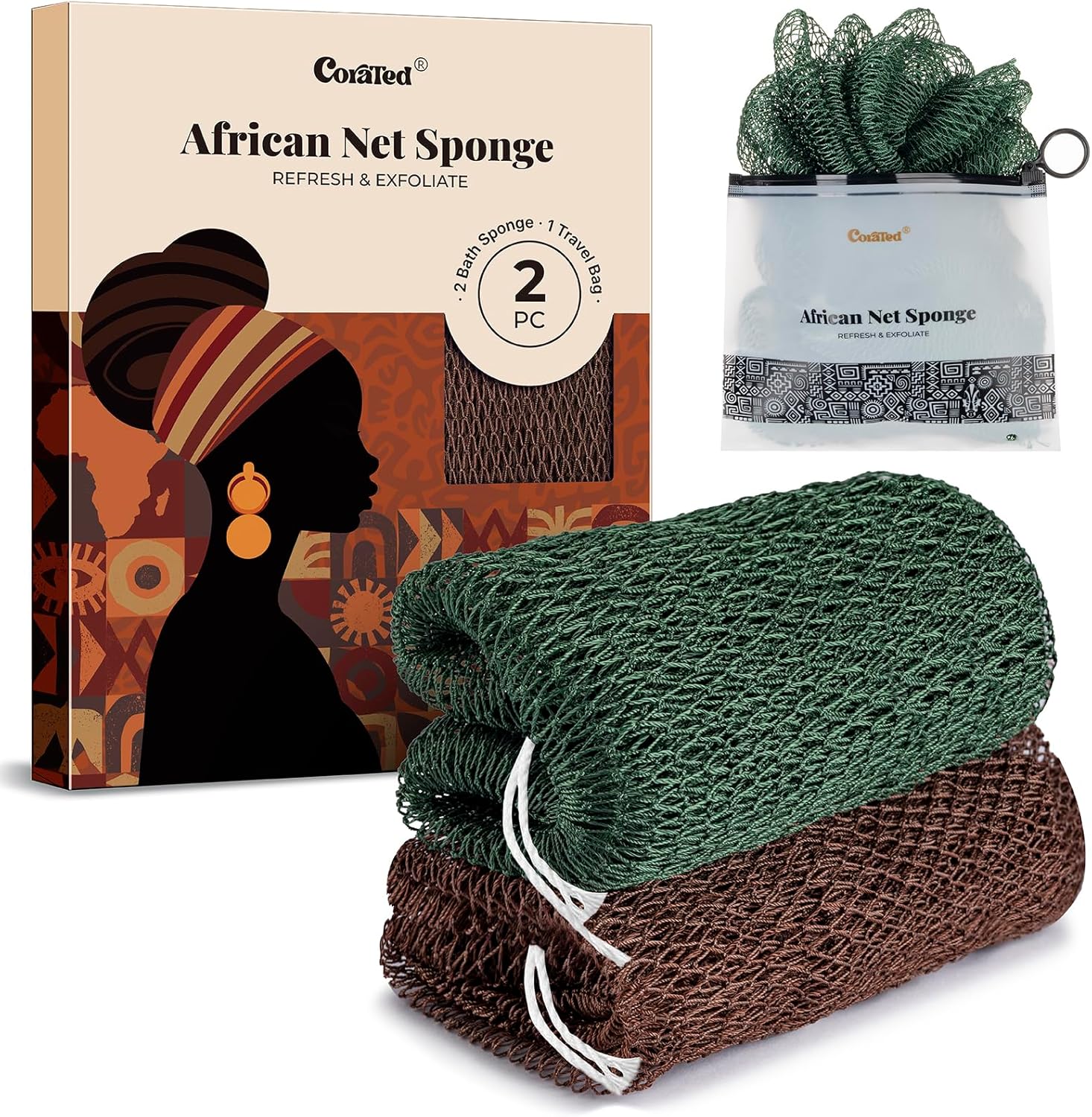 CORATED African Net Sponge Authentic, Shower Loofah Exfoliating Bath Sponge, Body Scrubber for Women and Men Daily Use Body Care, Travel Portable Bath Accessories Christmas Gifts