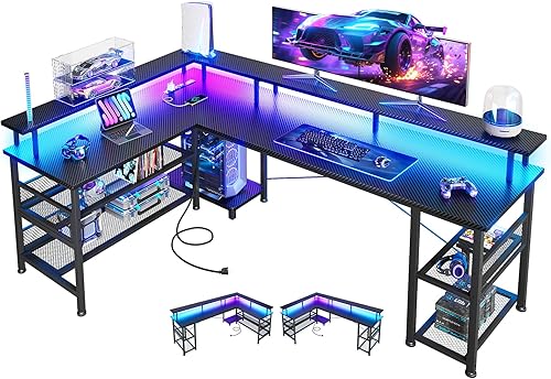 ODK Escritorio para juegos en forma de L de 66 pulgadas con toma de corriente y luces LED, mesa de juegos de PC con textura de fibra de carbono,