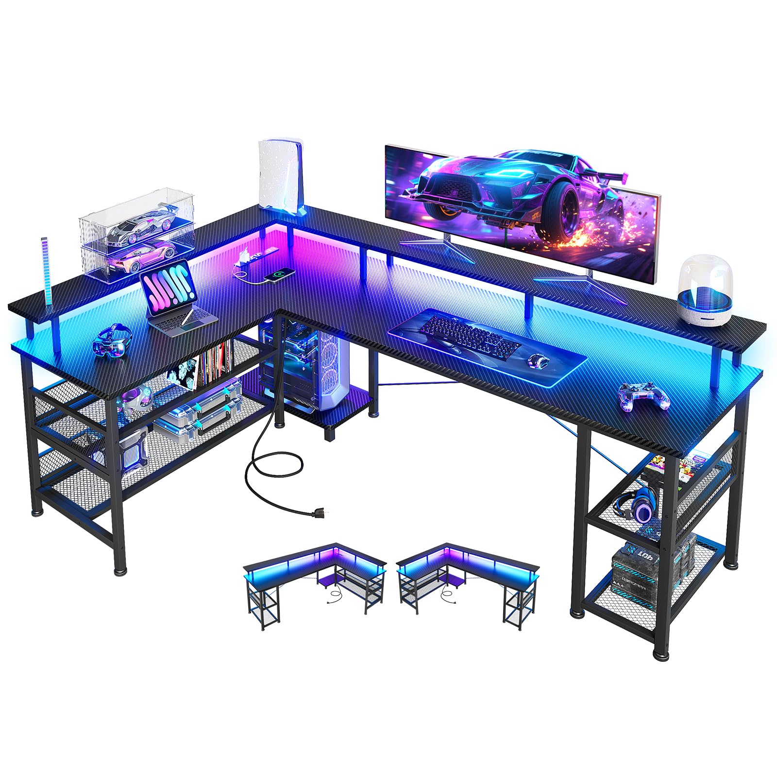 ODK 66" L Shaped Gaming Desk with Power Outlet and LED Lights, PC Gaming Table with Carbon Fiber Texture, Reversible L Shape Desk with Storage Shelves & Monitor Stand, Home Office Desk, Black